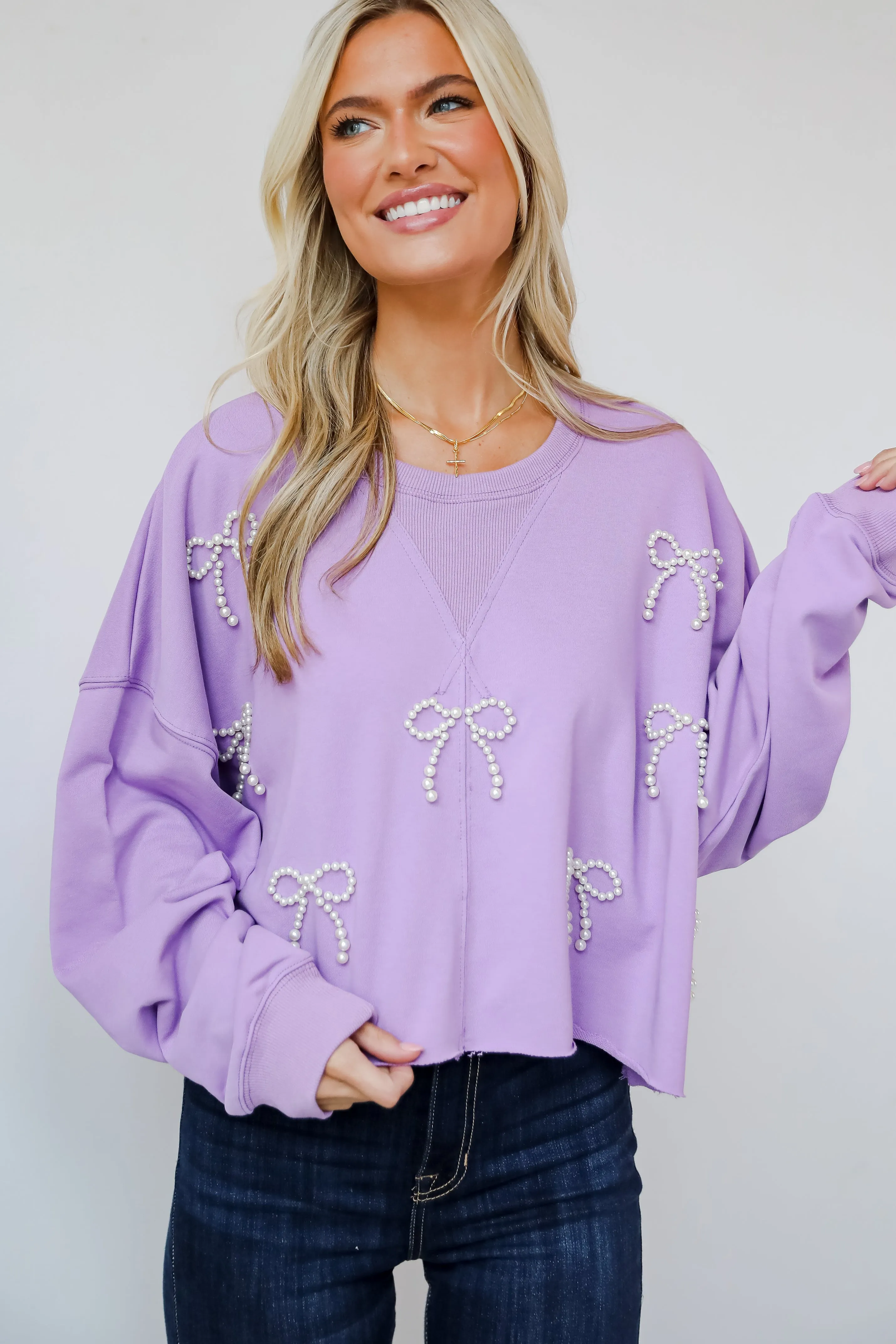 FINAL SALE - Dazzling Warmth Pearl Bow Cropped Pullover