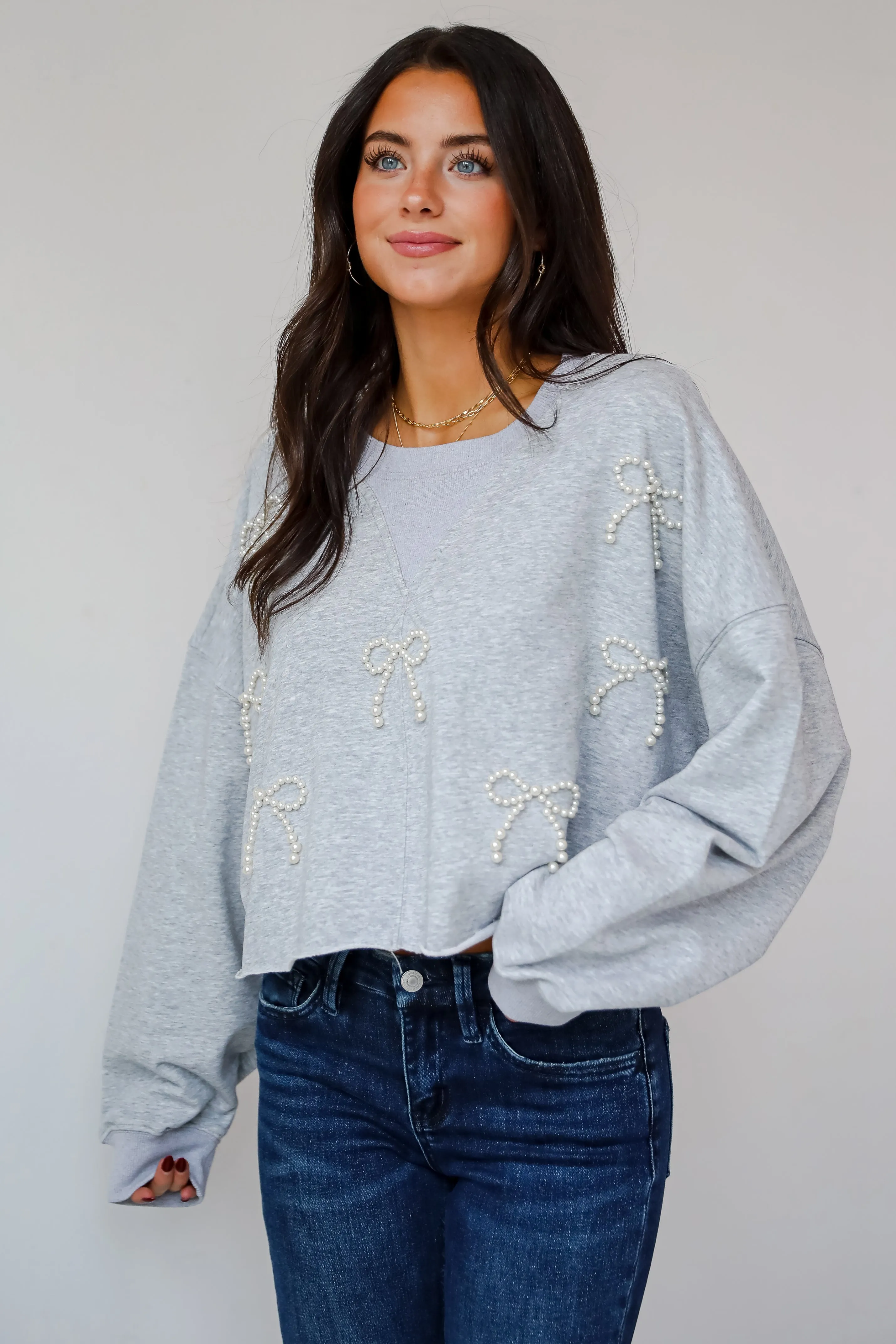 FINAL SALE - Dazzling Warmth Pearl Bow Cropped Pullover