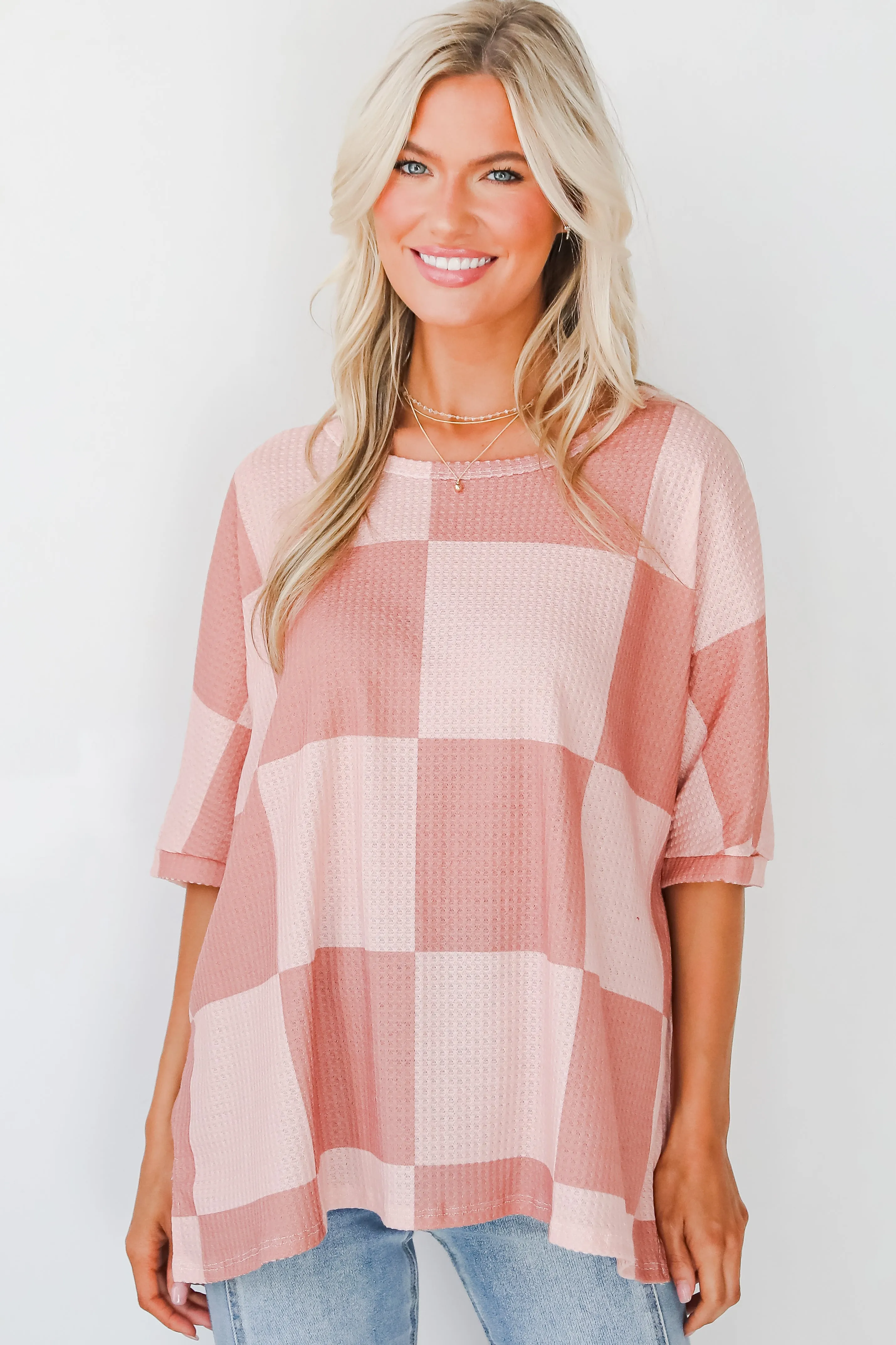 FINAL SALE - Delaney Blush Checkered Waffle Knit Top - DOORBUSTER
