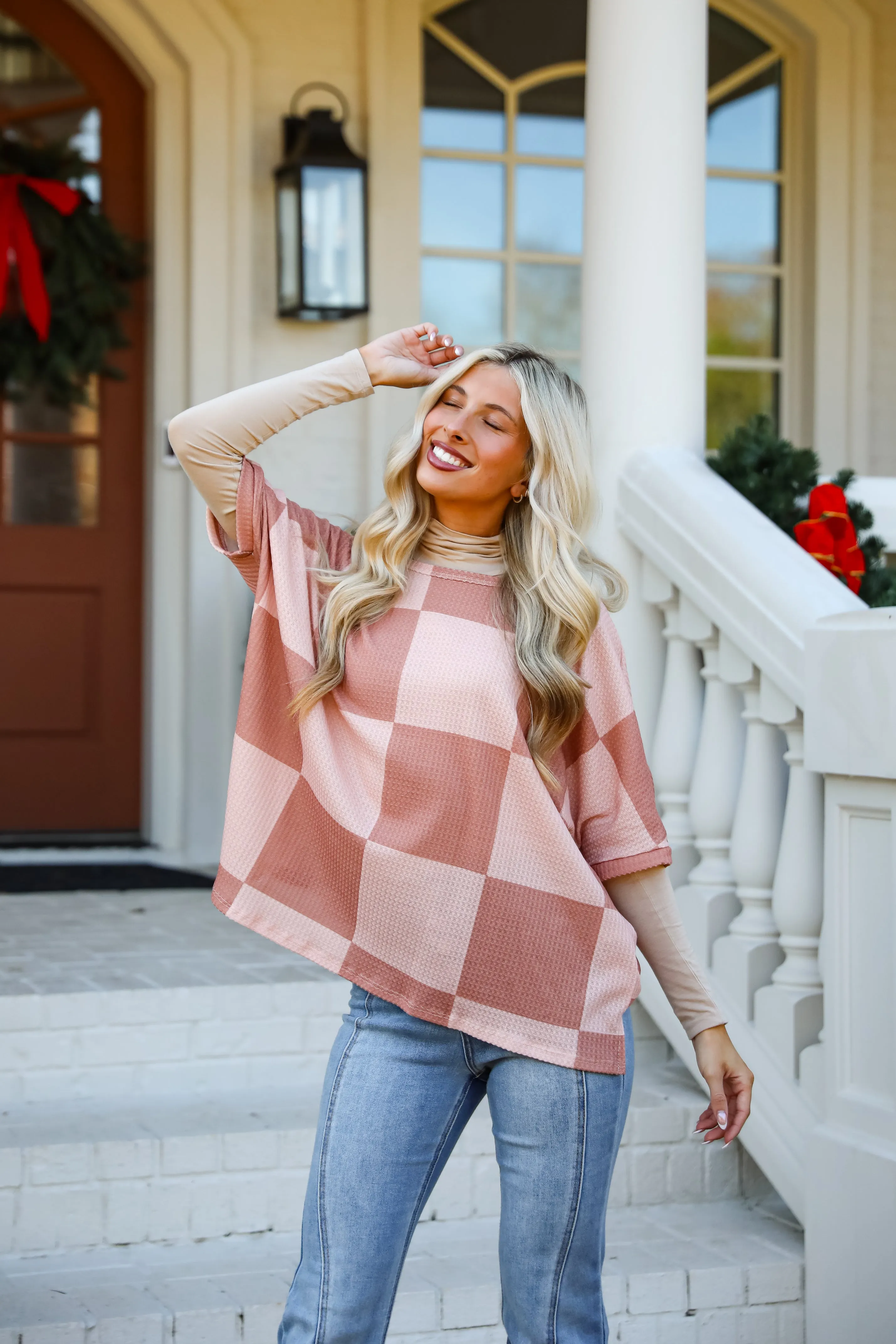 FINAL SALE - Delaney Blush Checkered Waffle Knit Top - DOORBUSTER