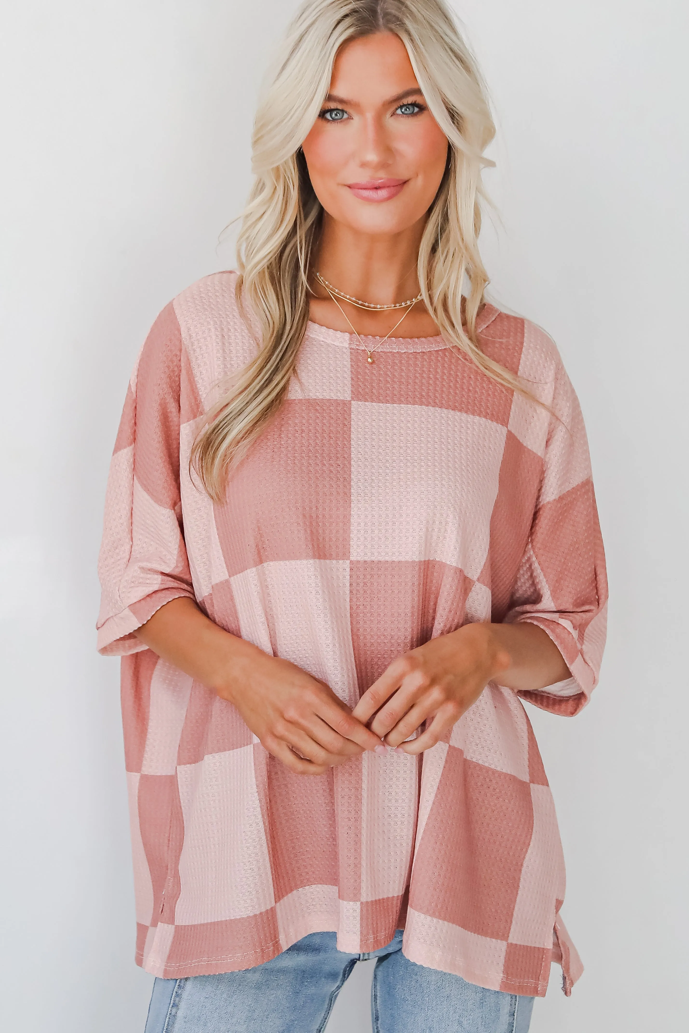 FINAL SALE - Delaney Blush Checkered Waffle Knit Top - DOORBUSTER