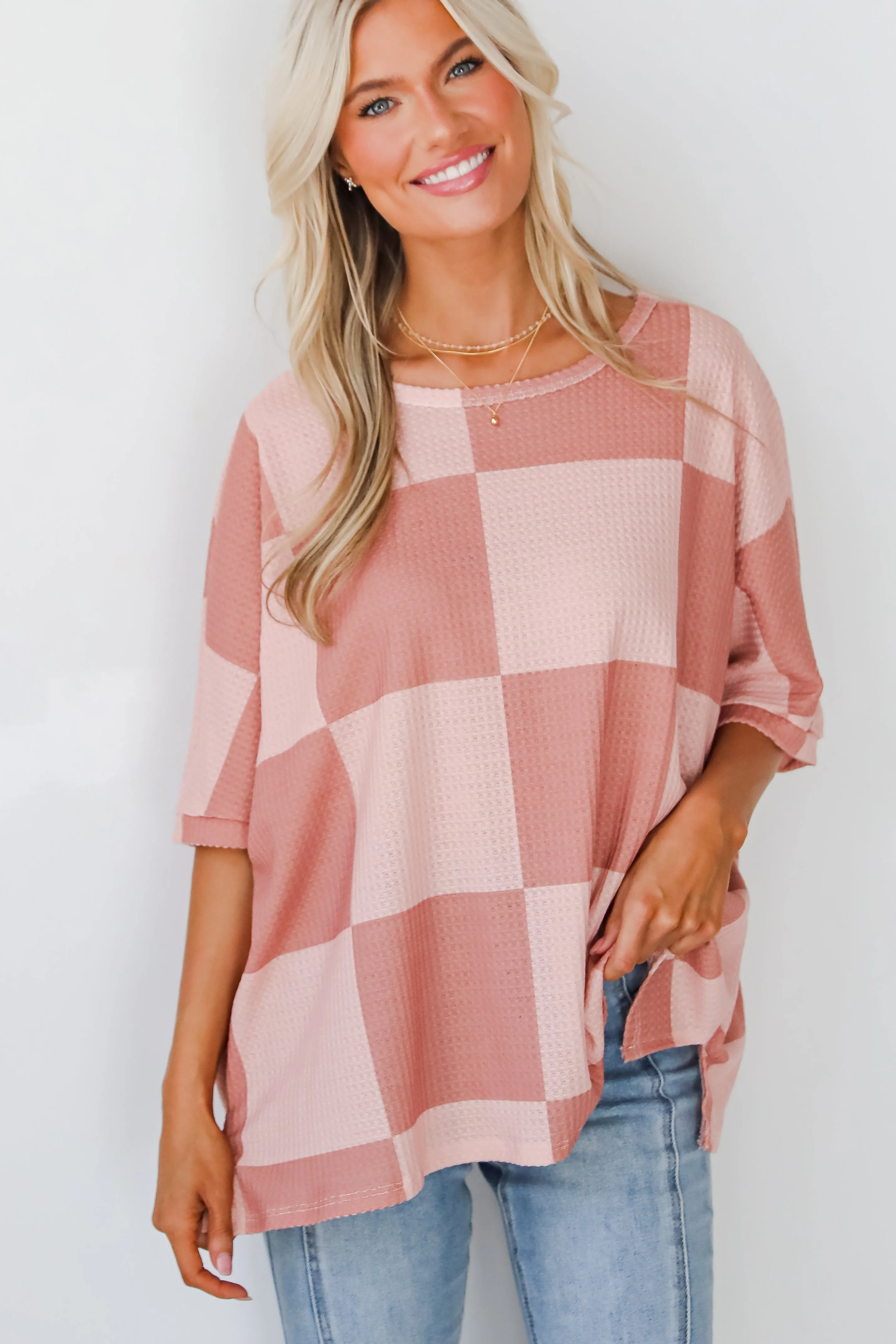FINAL SALE - Delaney Blush Checkered Waffle Knit Top - DOORBUSTER