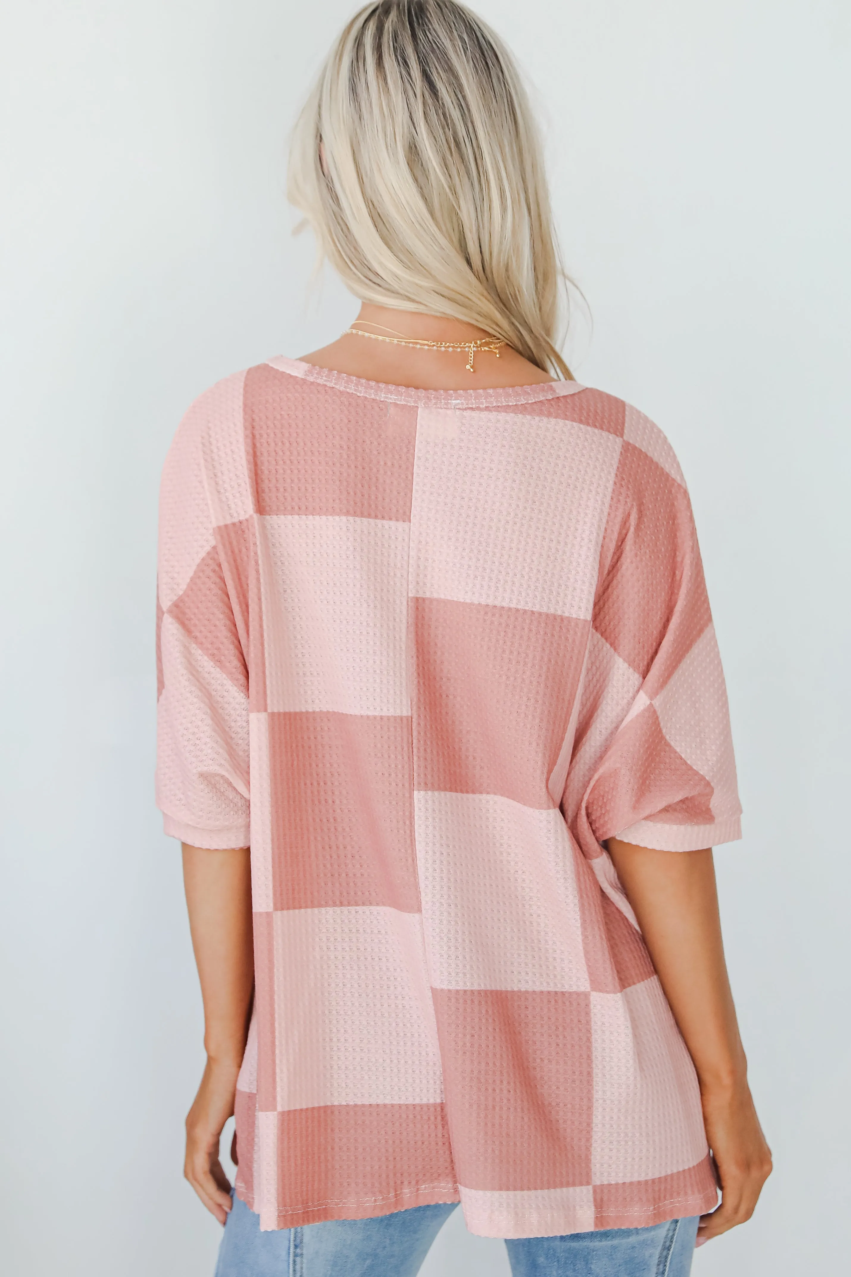 FINAL SALE - Delaney Blush Checkered Waffle Knit Top - DOORBUSTER