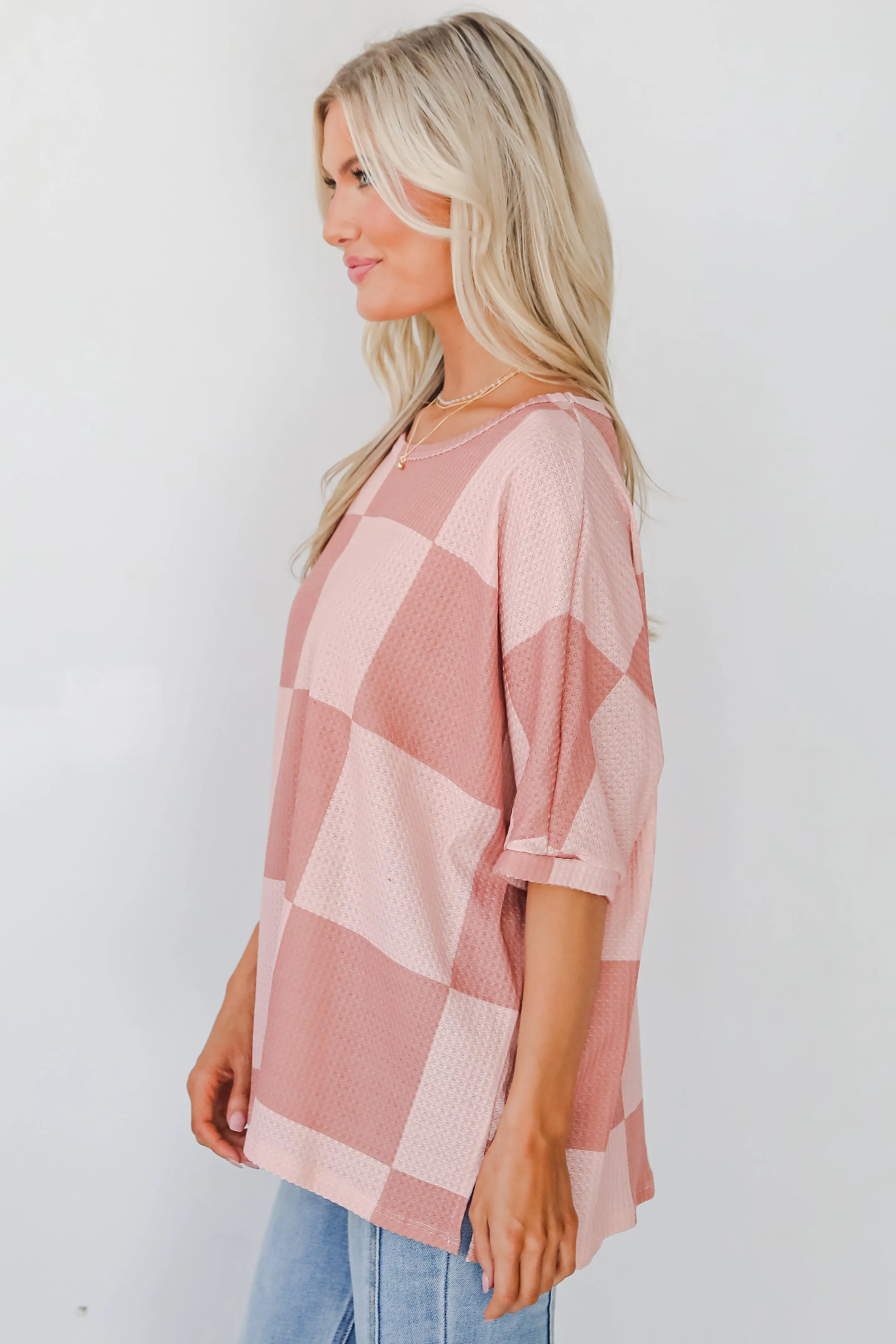 FINAL SALE - Delaney Blush Checkered Waffle Knit Top - DOORBUSTER