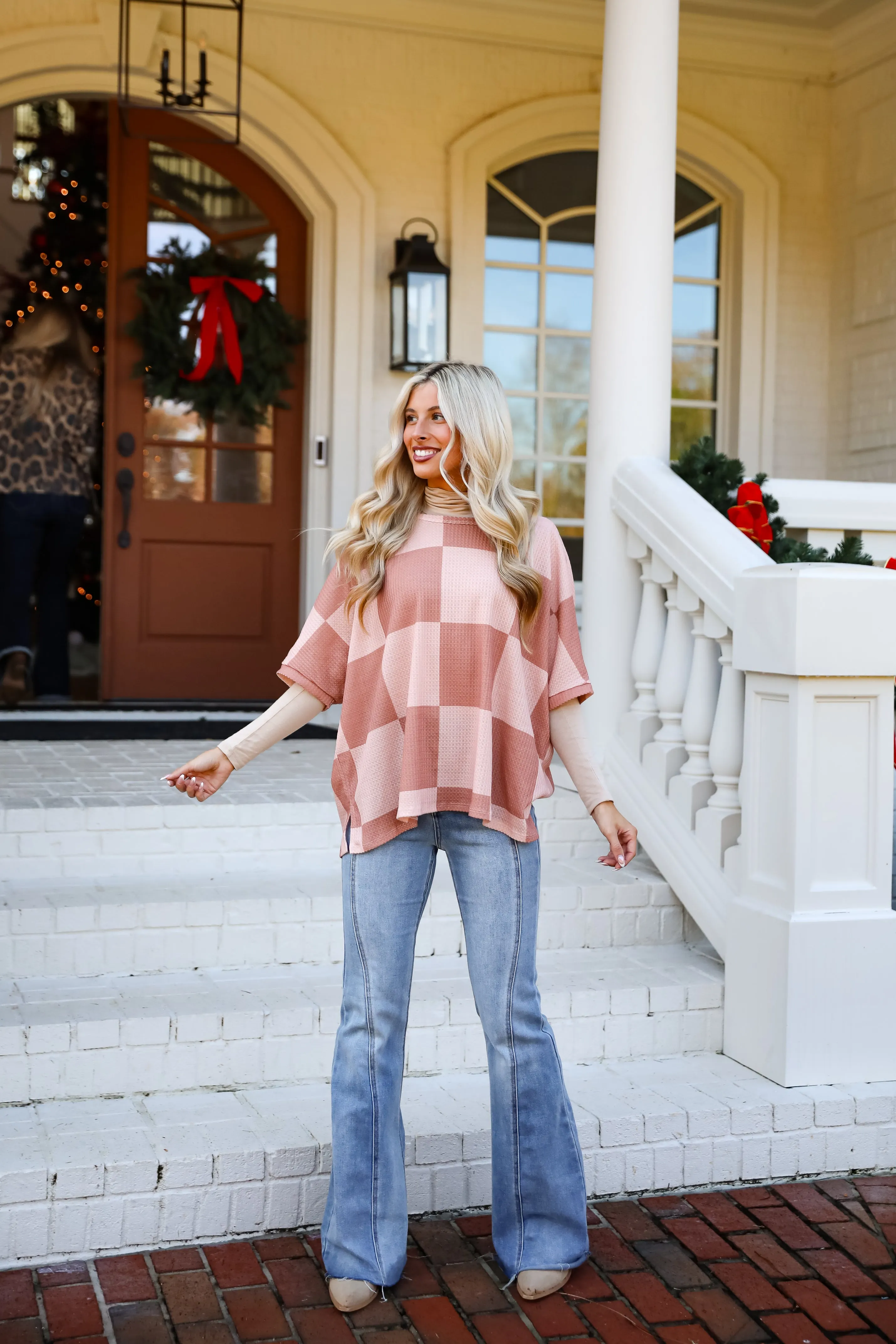 FINAL SALE - Delaney Blush Checkered Waffle Knit Top - DOORBUSTER