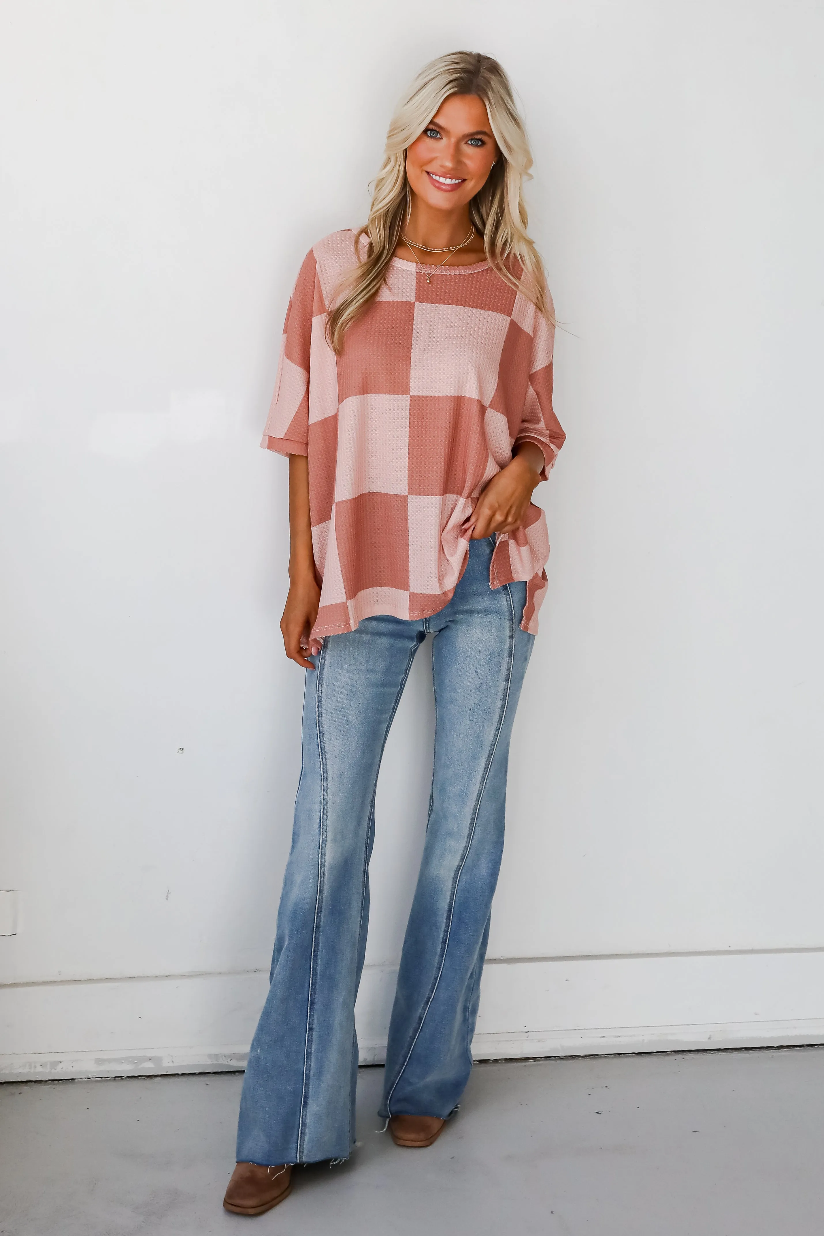 FINAL SALE - Delaney Blush Checkered Waffle Knit Top - DOORBUSTER