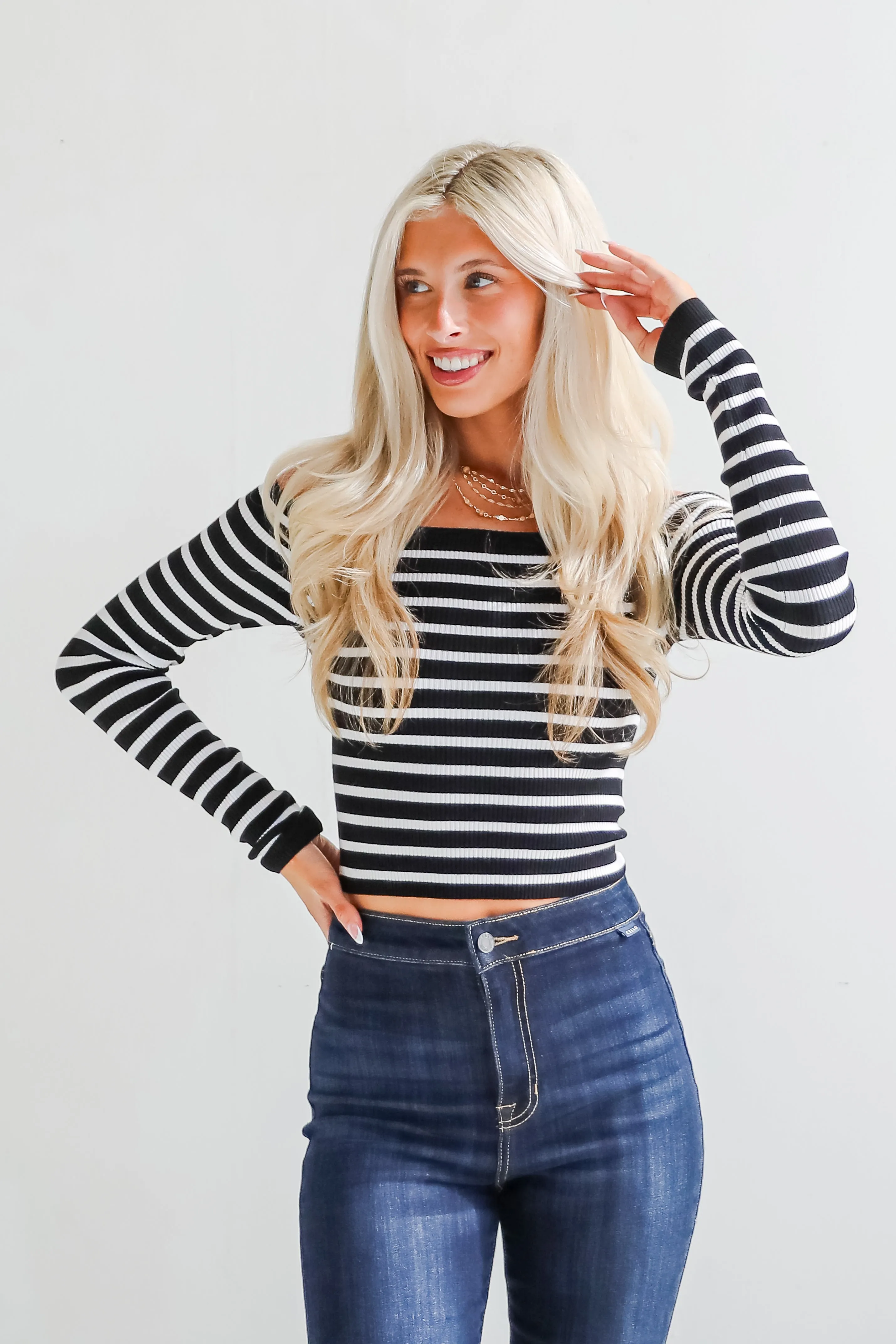 FINAL SALE - Desirable Aesthetic Black Striped Off-The-Shoulder Ribbed Top