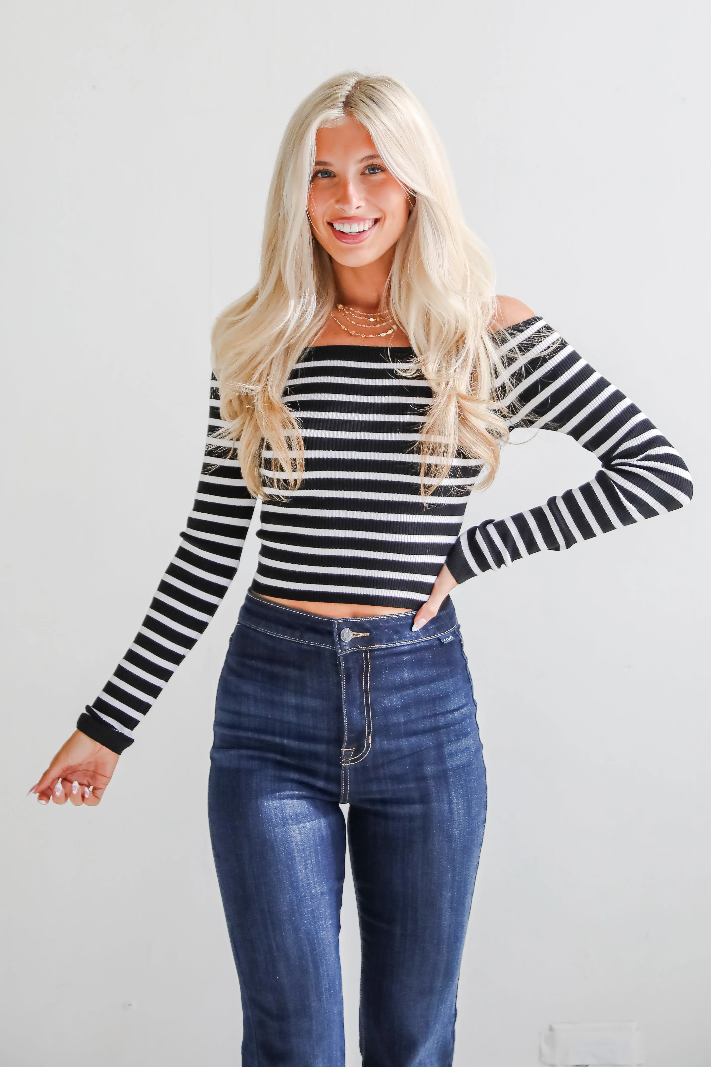 FINAL SALE - Desirable Aesthetic Black Striped Off-The-Shoulder Ribbed Top