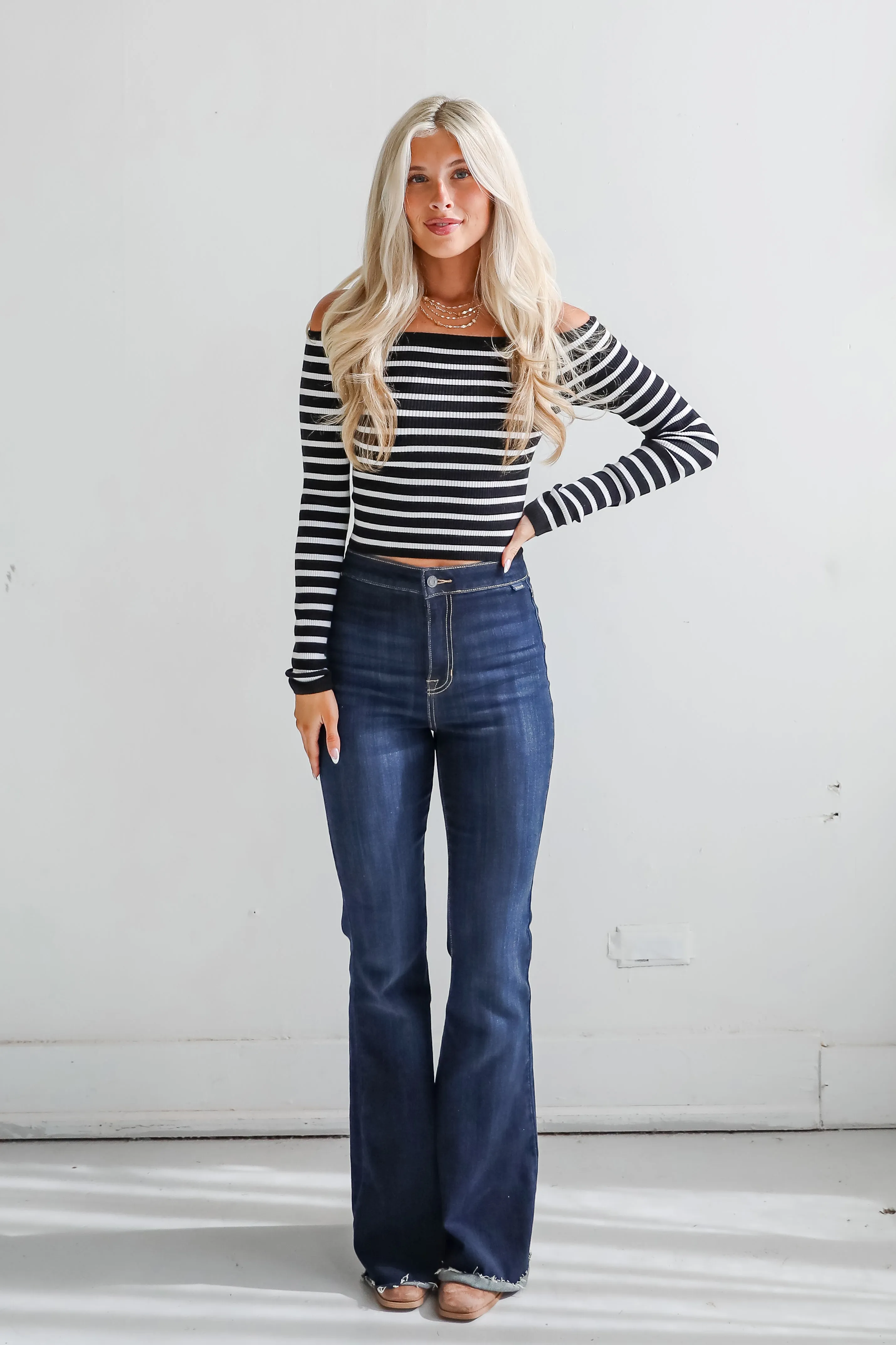 FINAL SALE - Desirable Aesthetic Black Striped Off-The-Shoulder Ribbed Top