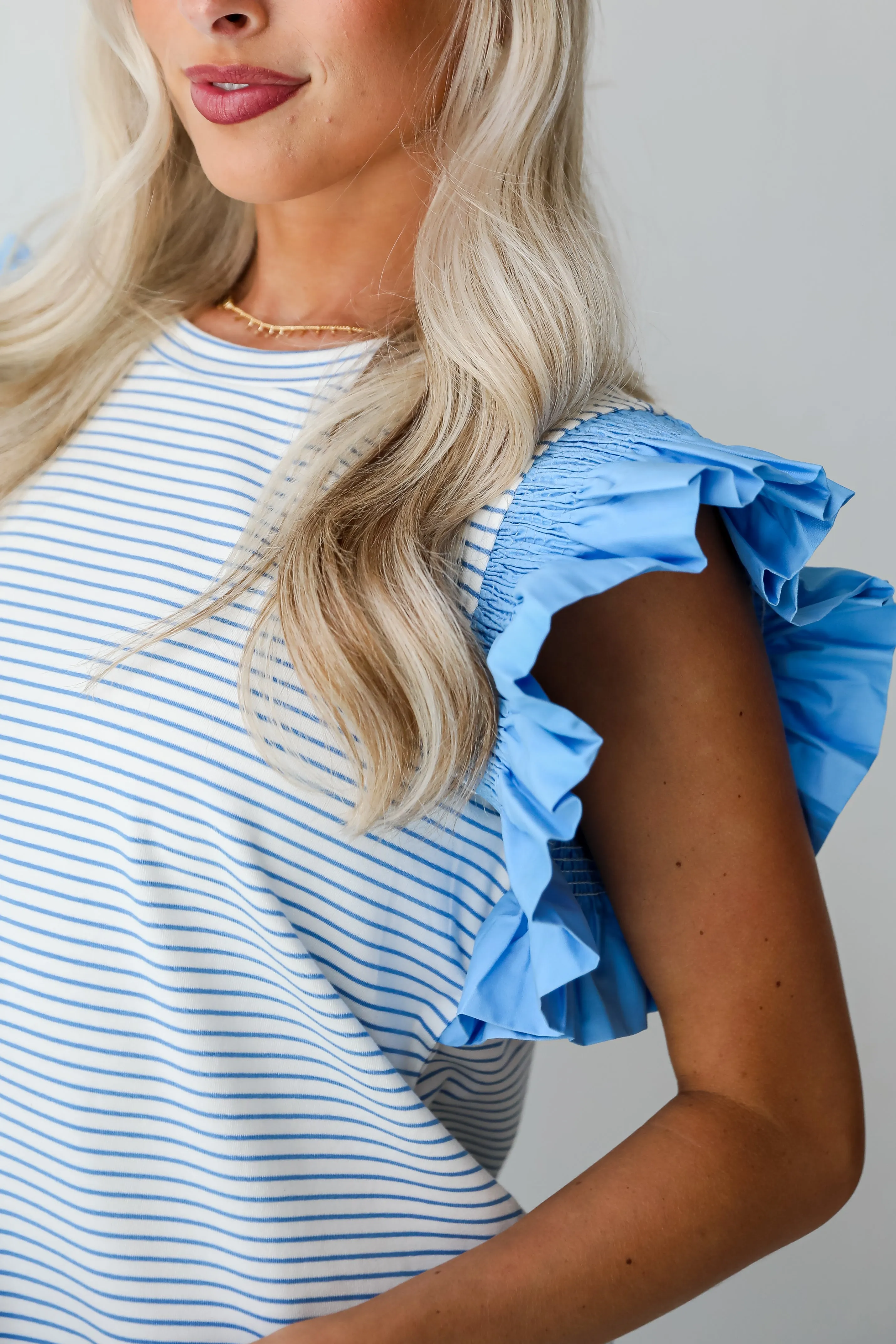 FINAL SALE - Easily Enjoyed Blue Striped Ruffle Sleeve Blouse