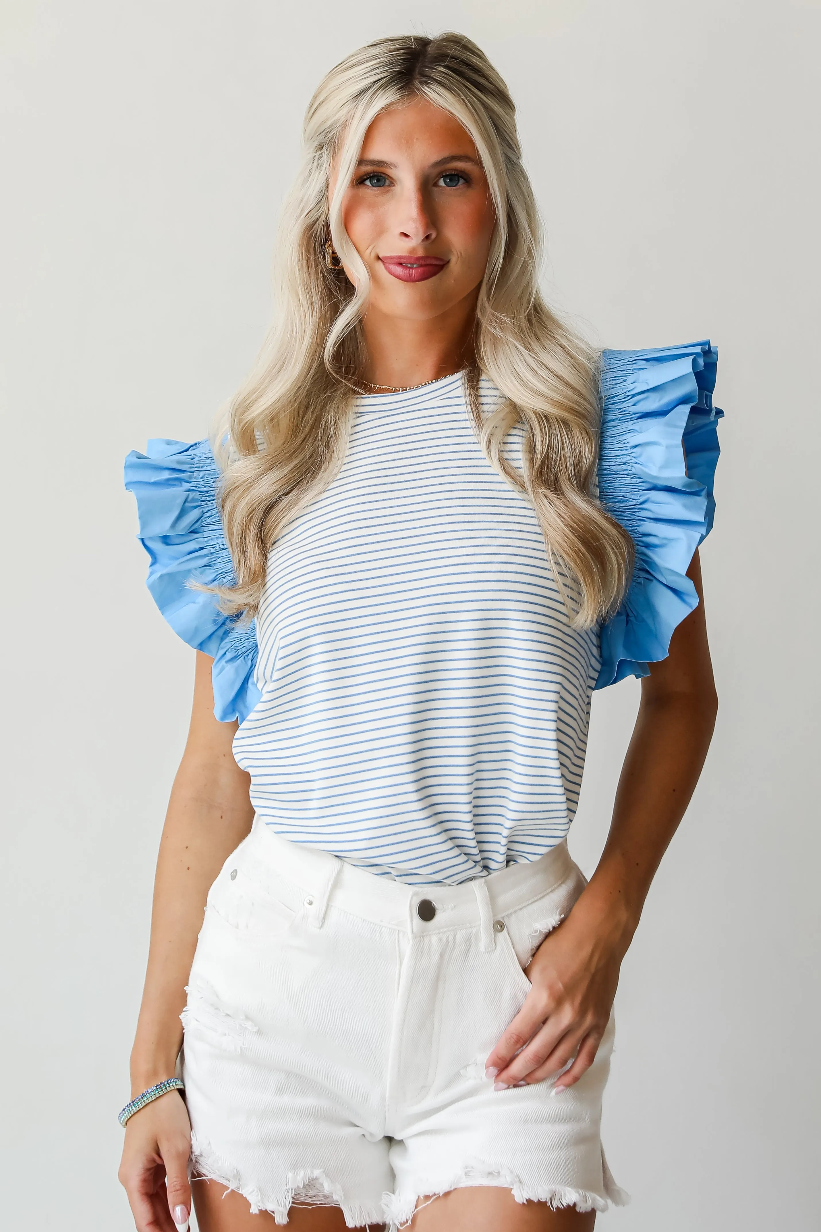 FINAL SALE - Easily Enjoyed Blue Striped Ruffle Sleeve Blouse