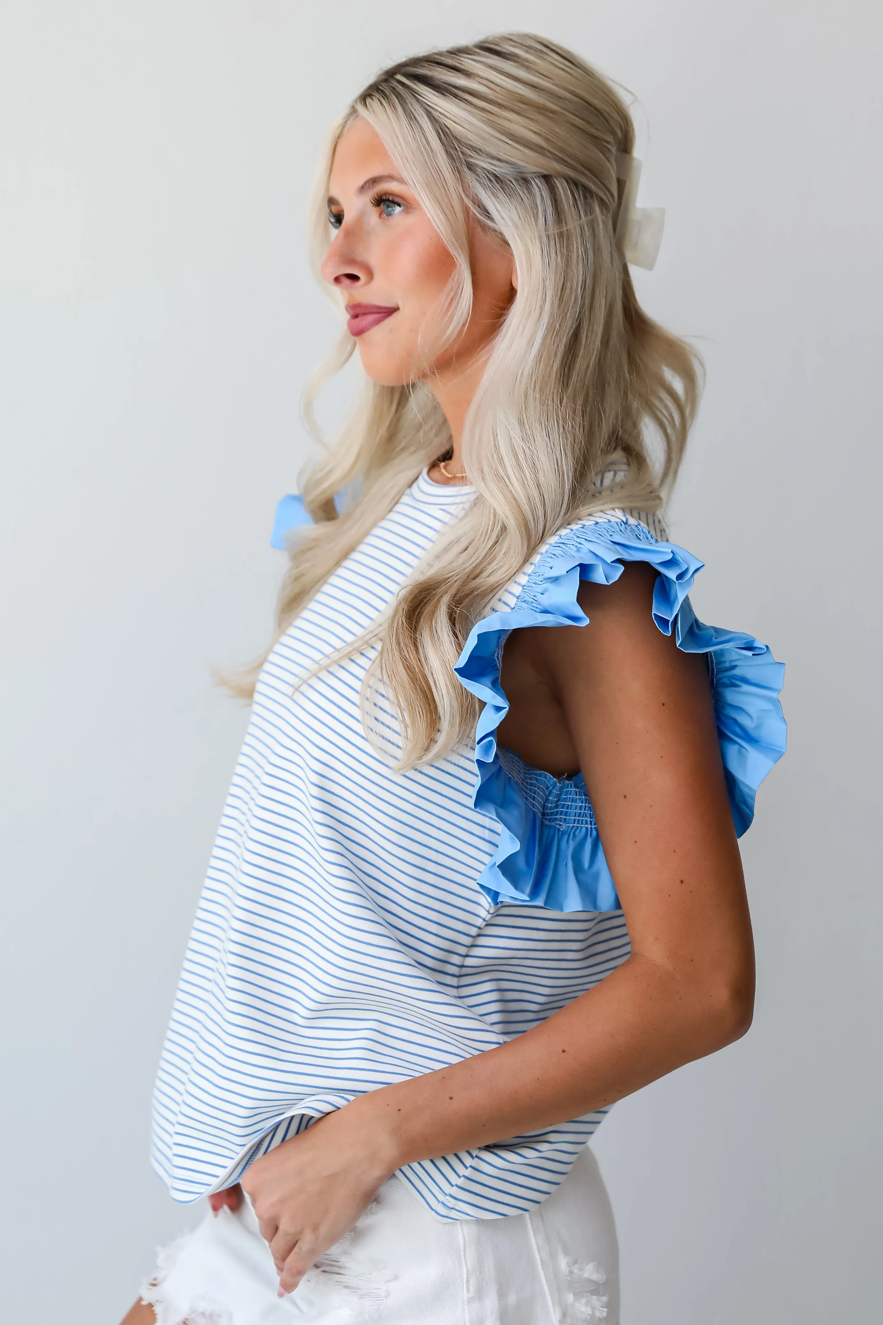 FINAL SALE - Easily Enjoyed Blue Striped Ruffle Sleeve Blouse