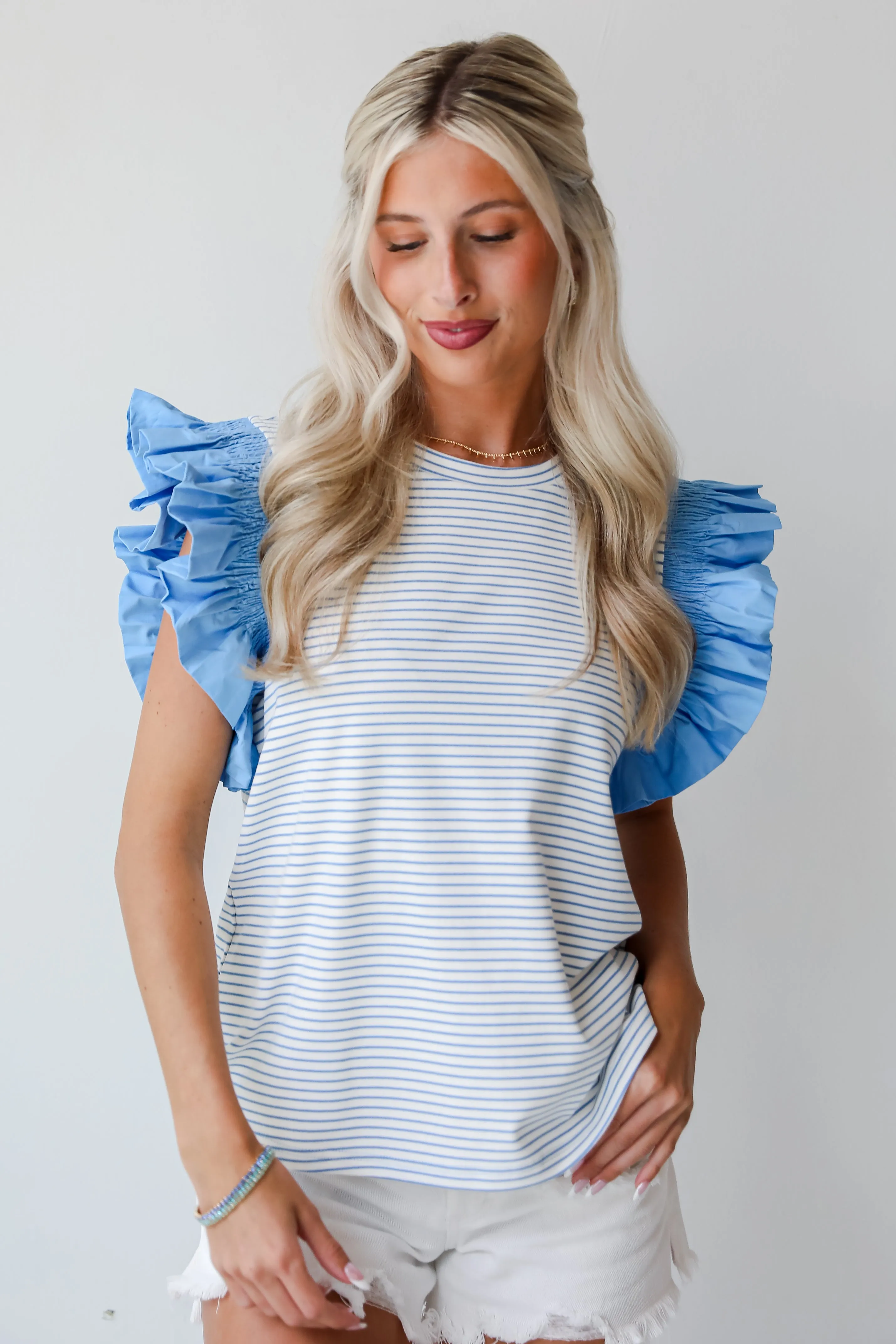 FINAL SALE - Easily Enjoyed Blue Striped Ruffle Sleeve Blouse