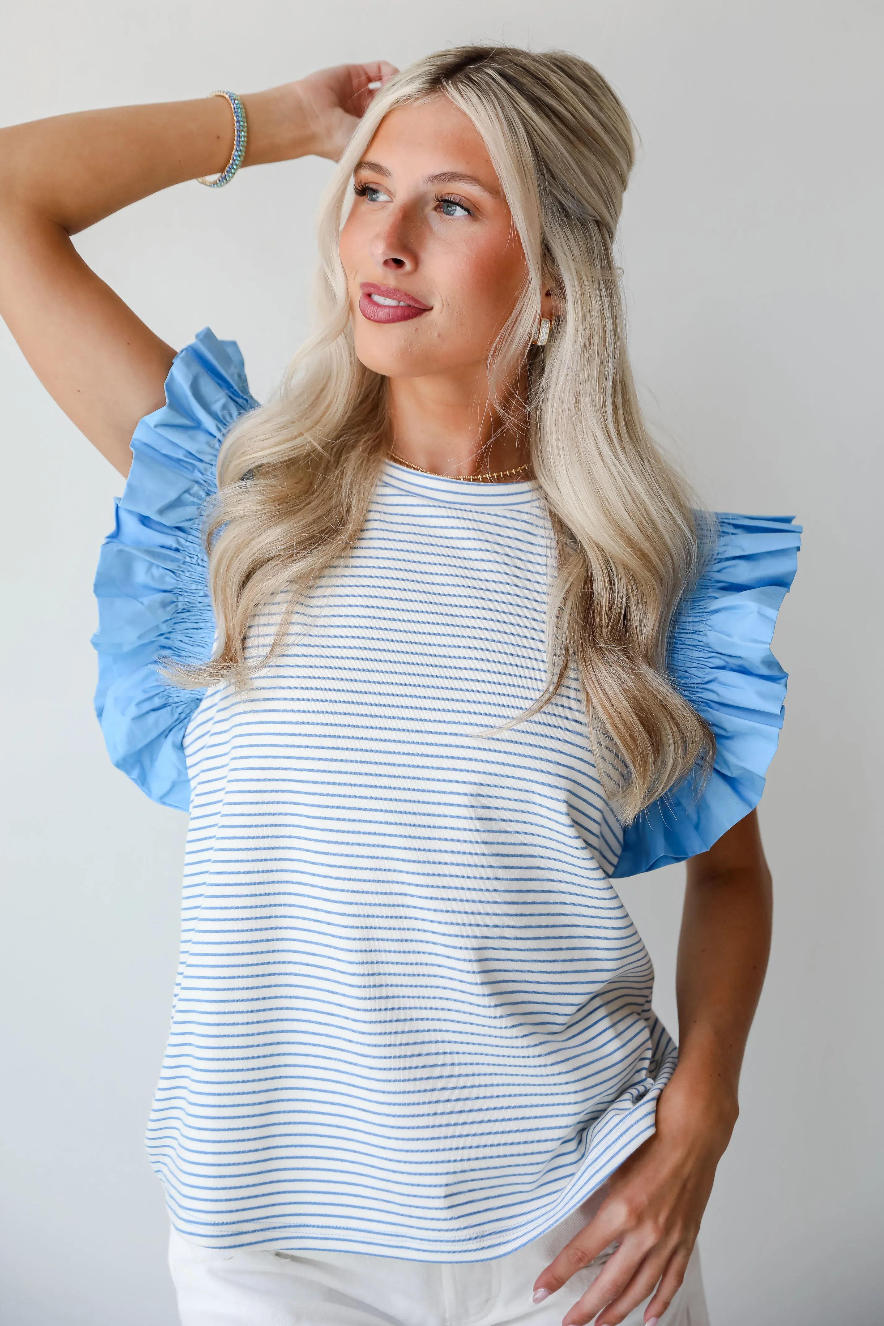 FINAL SALE - Easily Enjoyed Blue Striped Ruffle Sleeve Blouse
