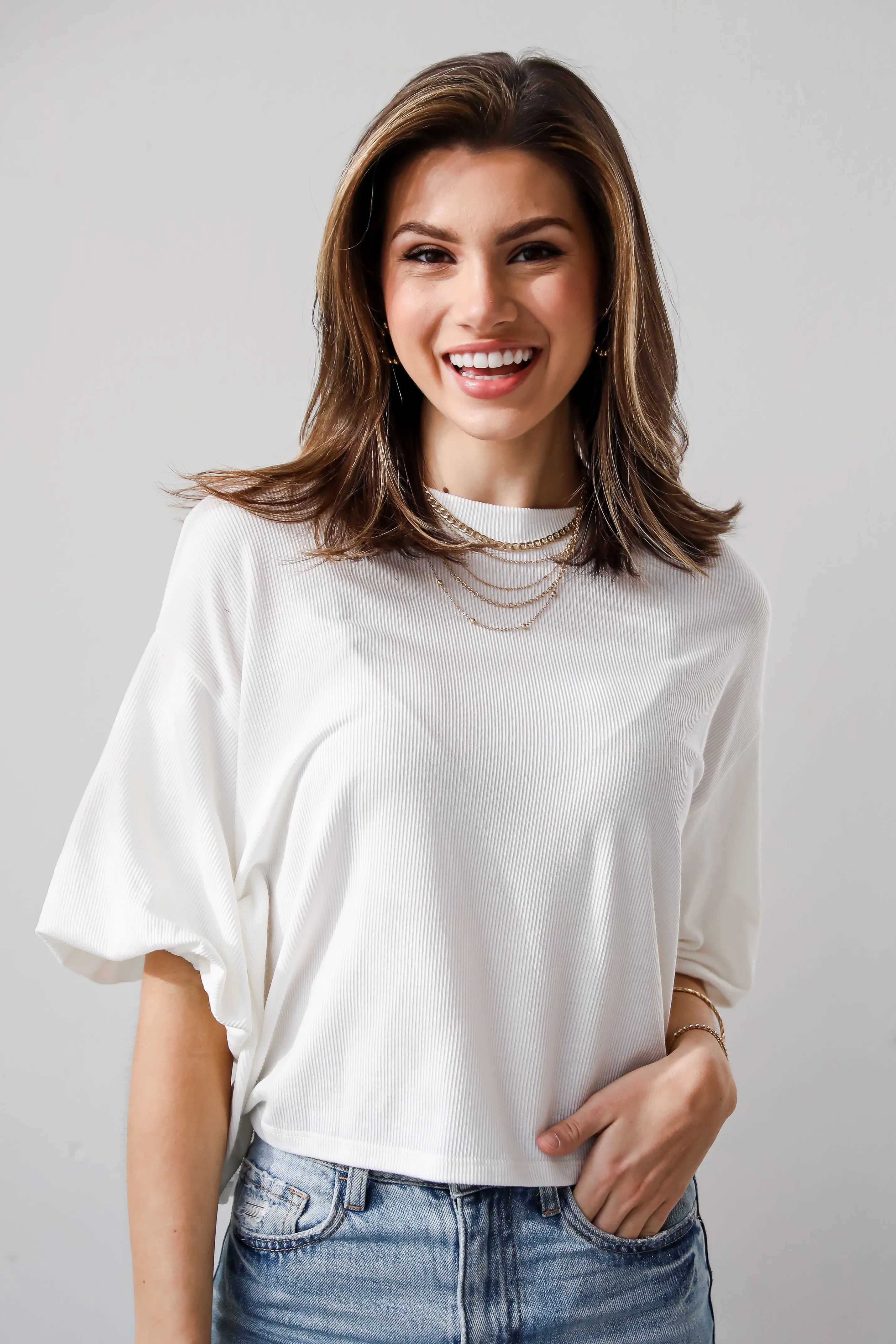 FINAL SALE - Effortless Behavior Ivory Ribbed Puff Sleeve Top