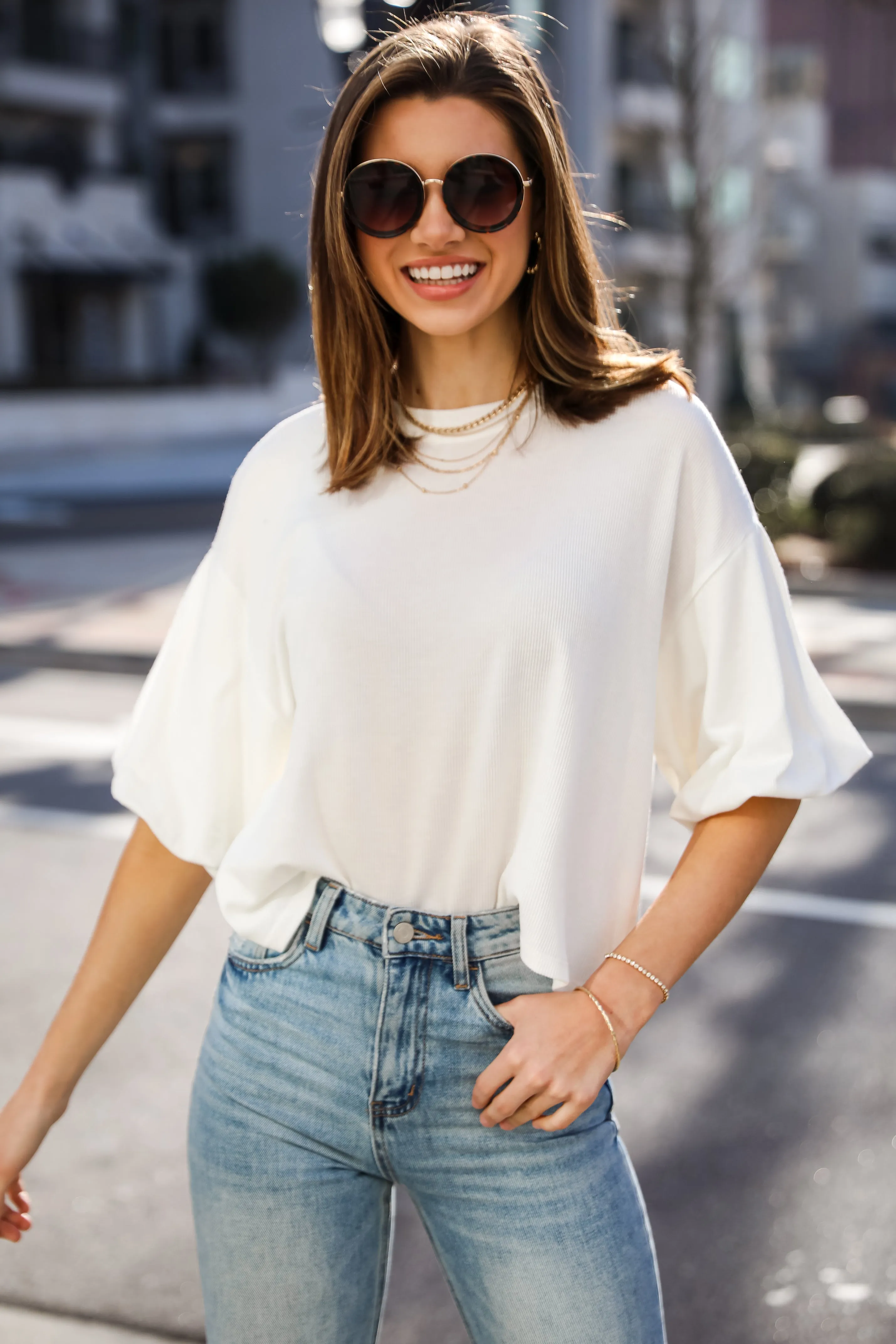 FINAL SALE - Effortless Behavior Ivory Ribbed Puff Sleeve Top