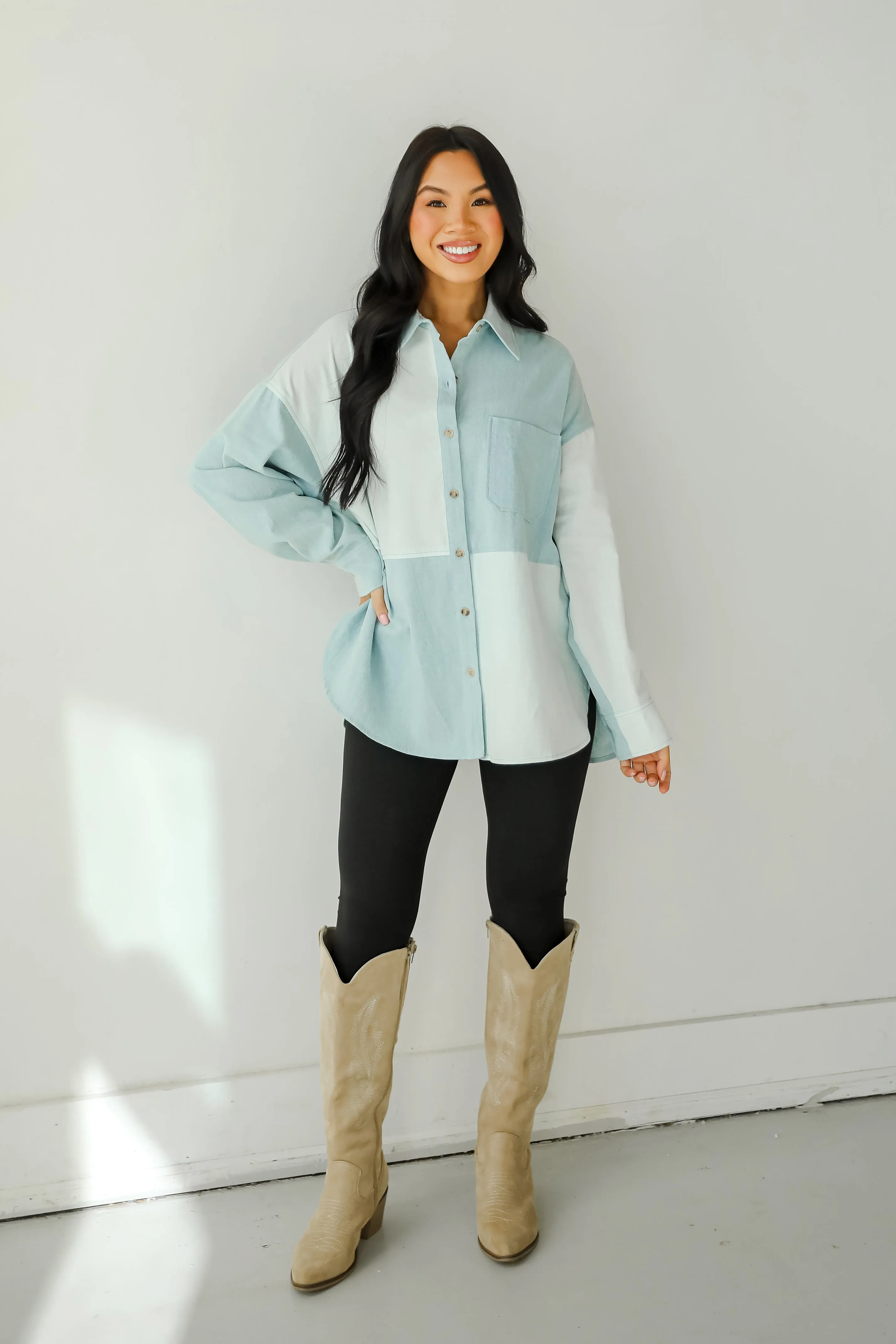 FINAL SALE - Exquisite Poise Denim Color Block Button-Up Blouse