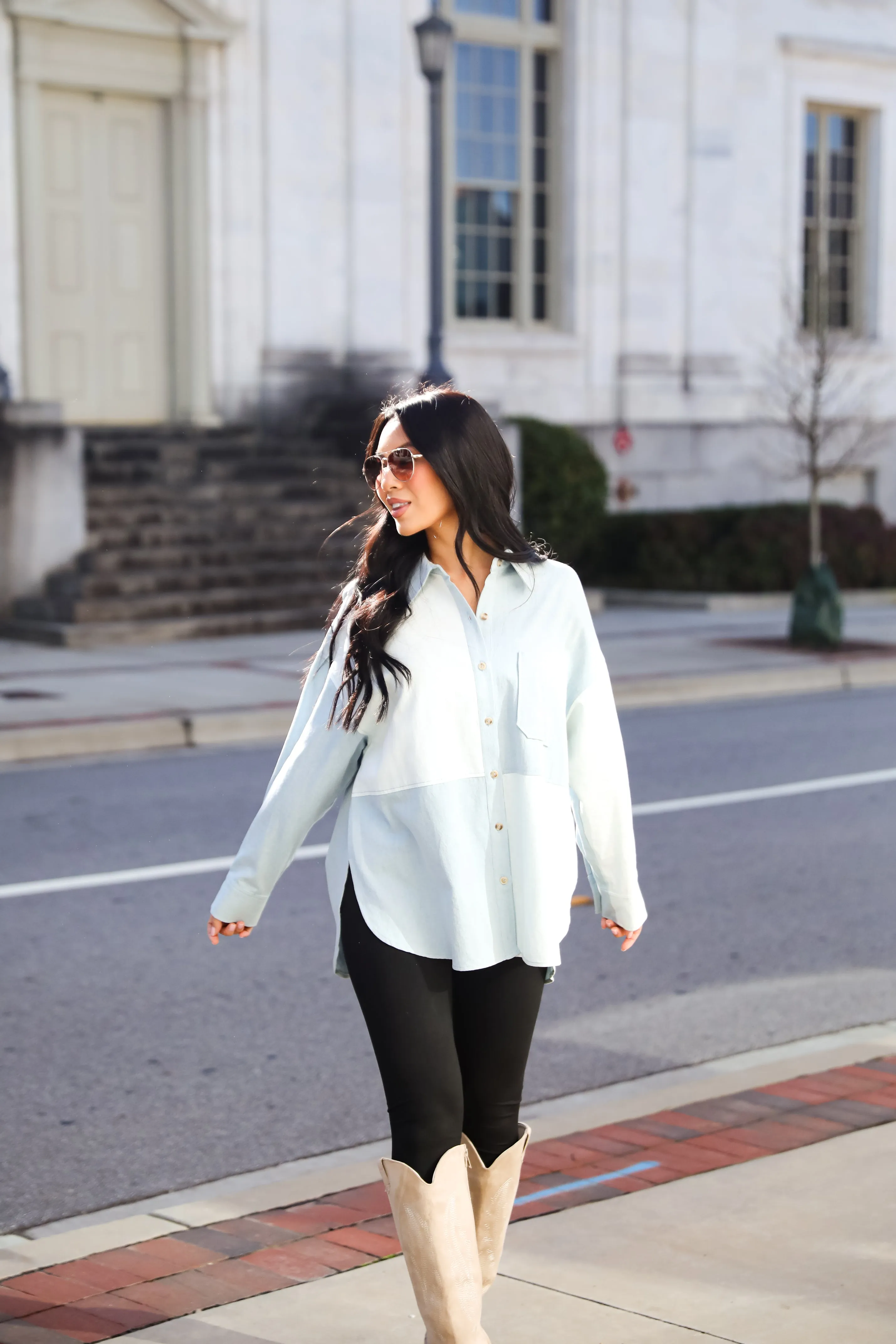 FINAL SALE - Exquisite Poise Denim Color Block Button-Up Blouse
