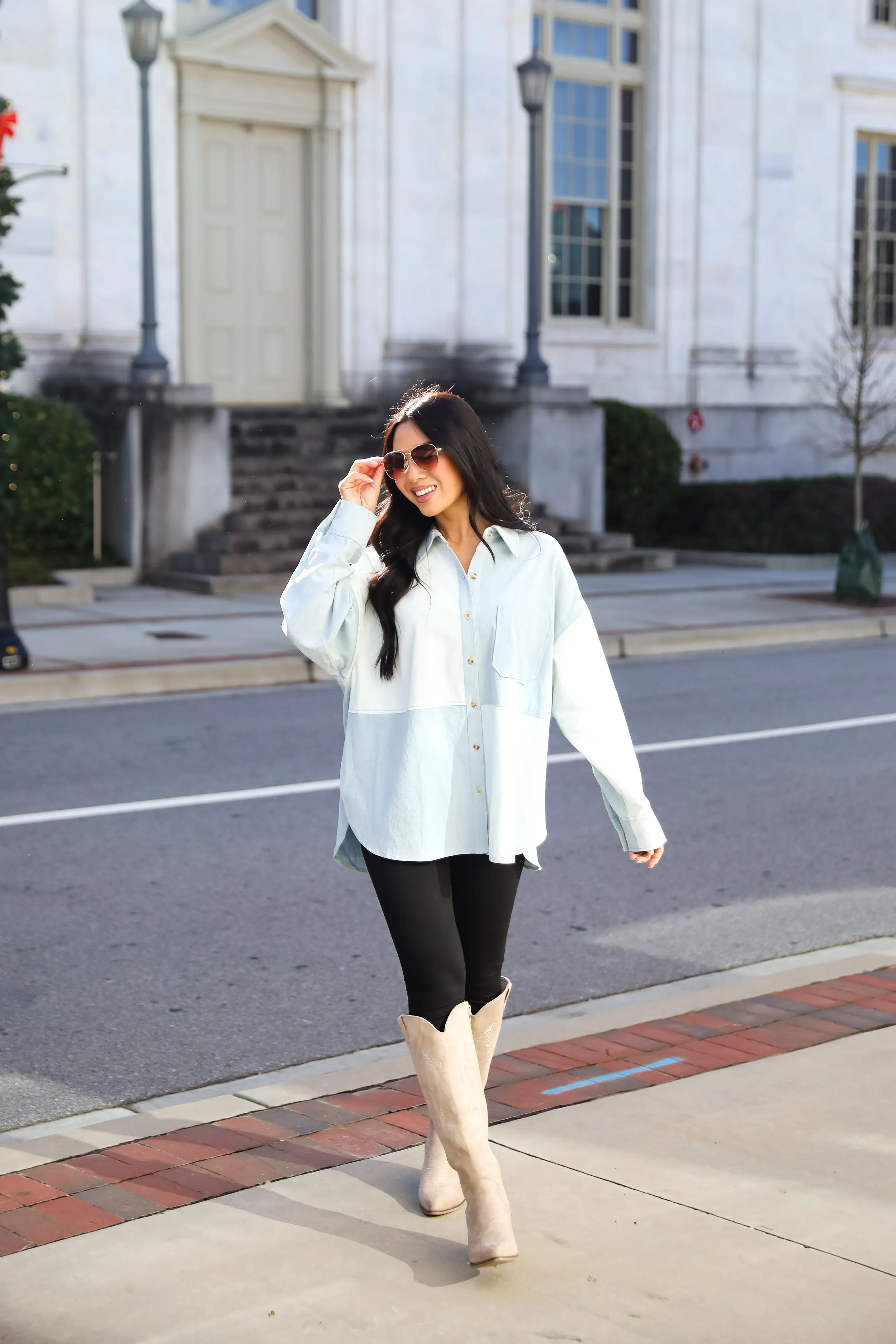FINAL SALE - Exquisite Poise Denim Color Block Button-Up Blouse