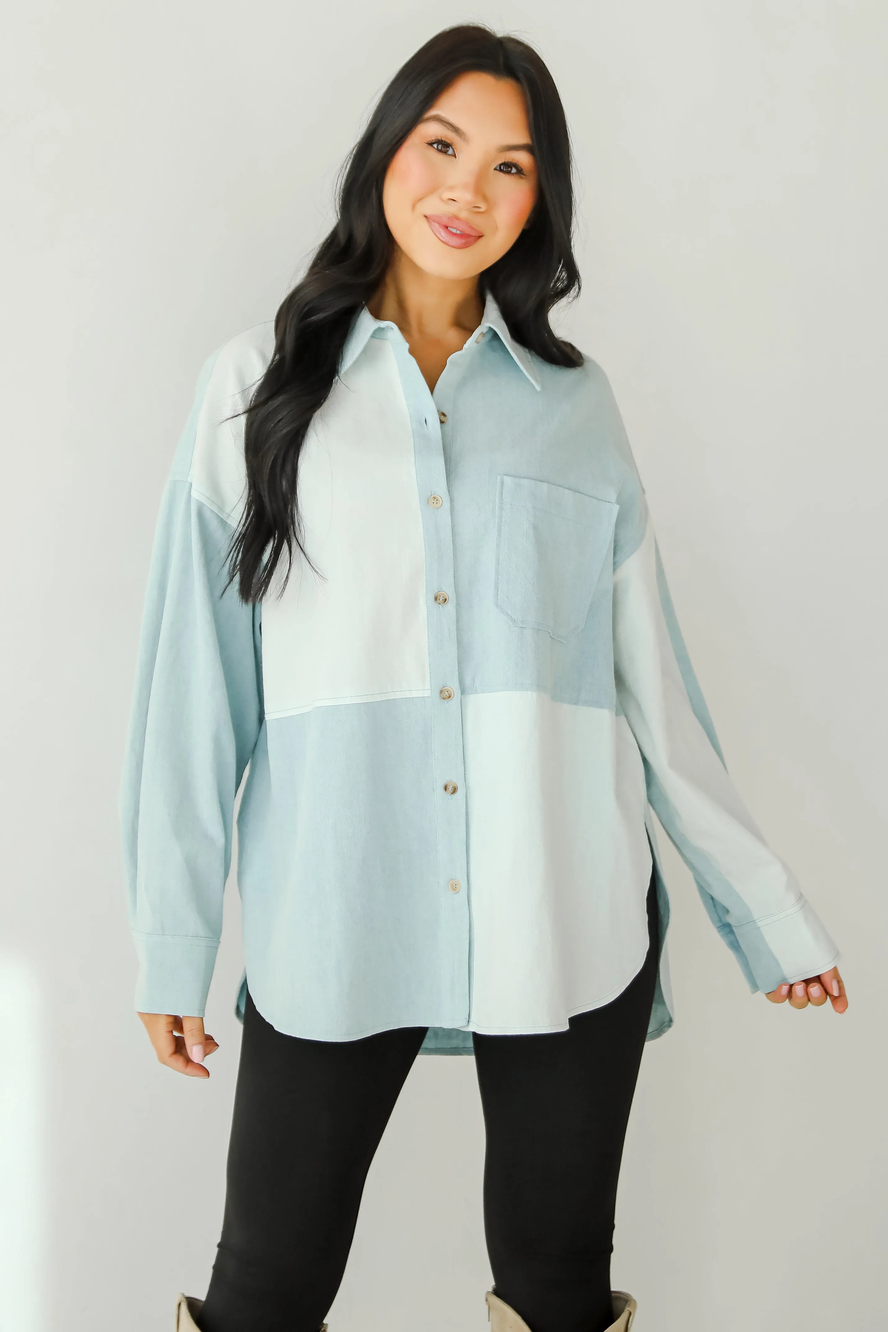 FINAL SALE - Exquisite Poise Denim Color Block Button-Up Blouse