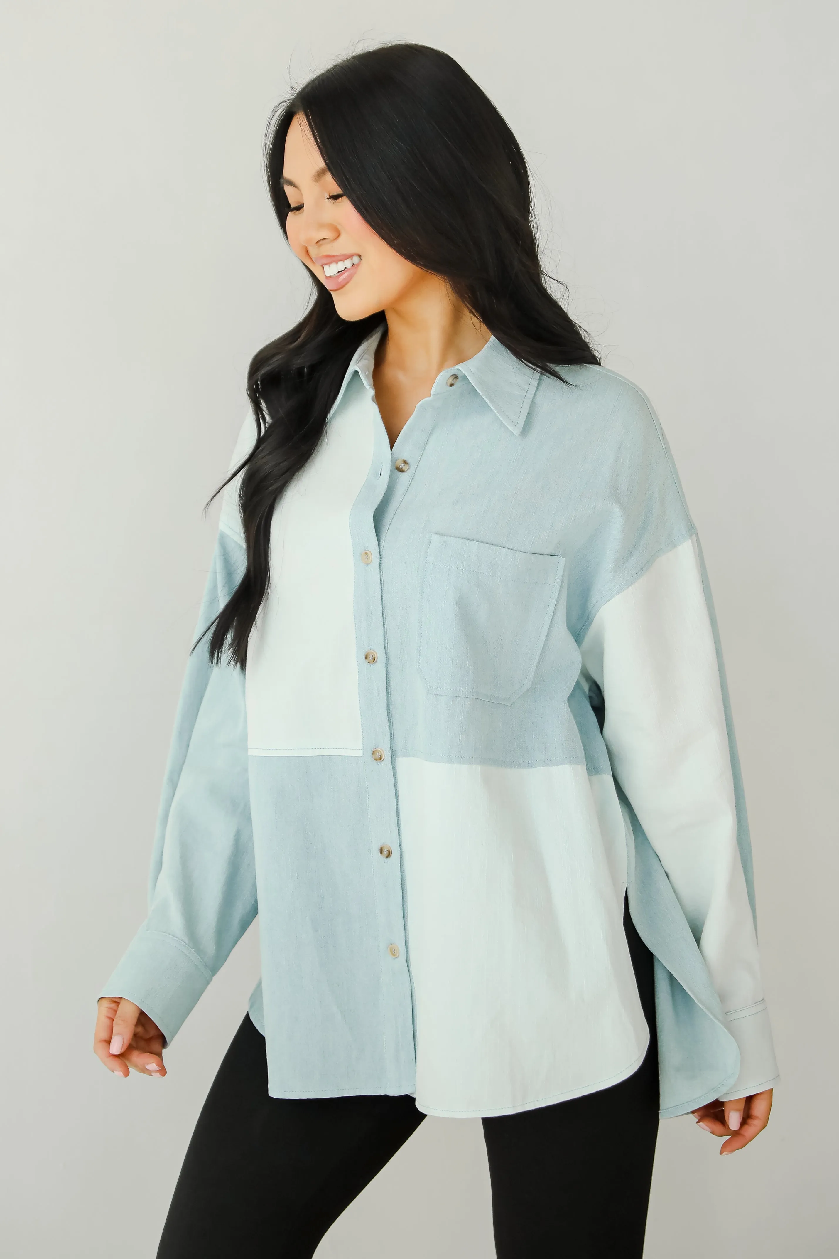 FINAL SALE - Exquisite Poise Denim Color Block Button-Up Blouse