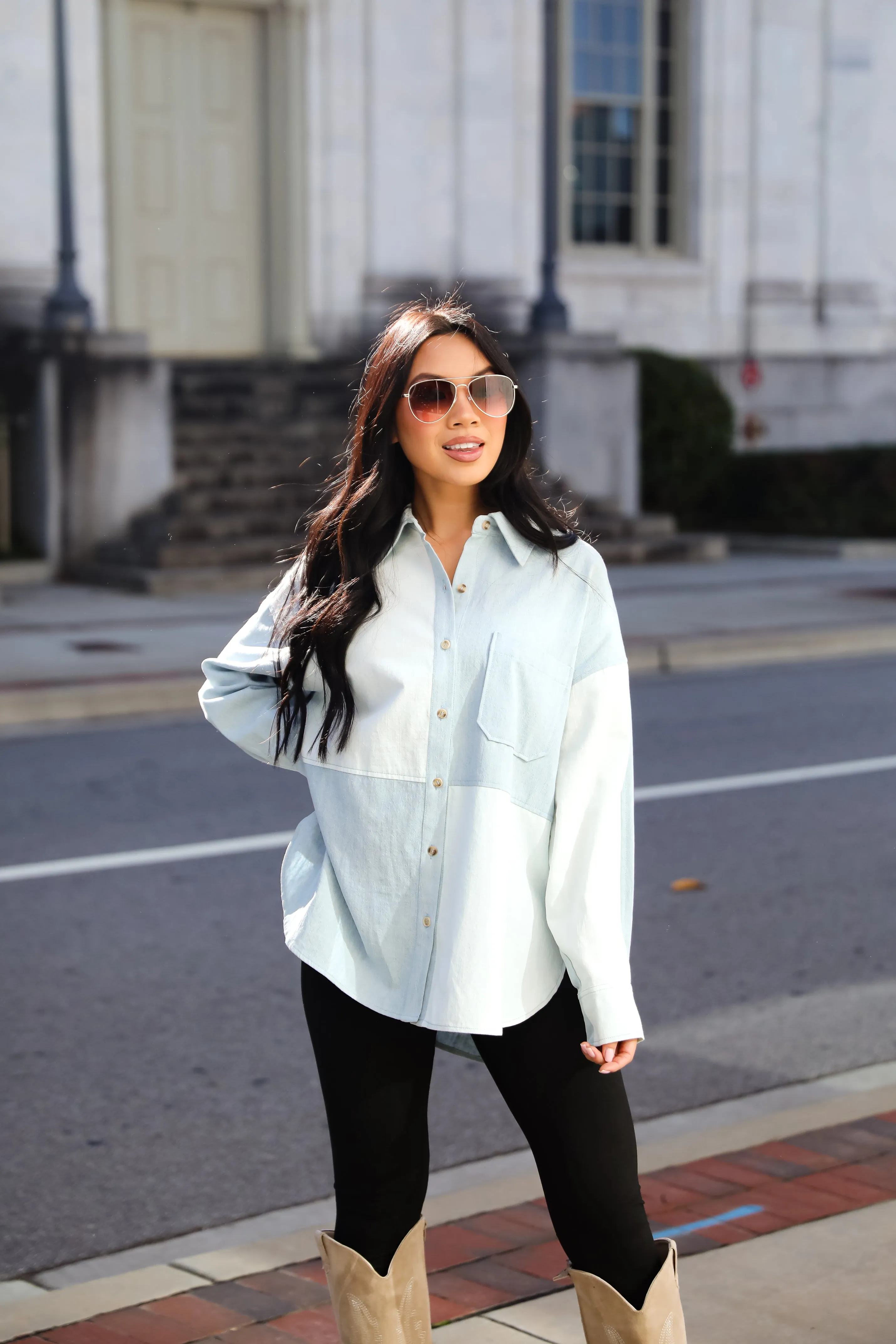FINAL SALE - Exquisite Poise Denim Color Block Button-Up Blouse