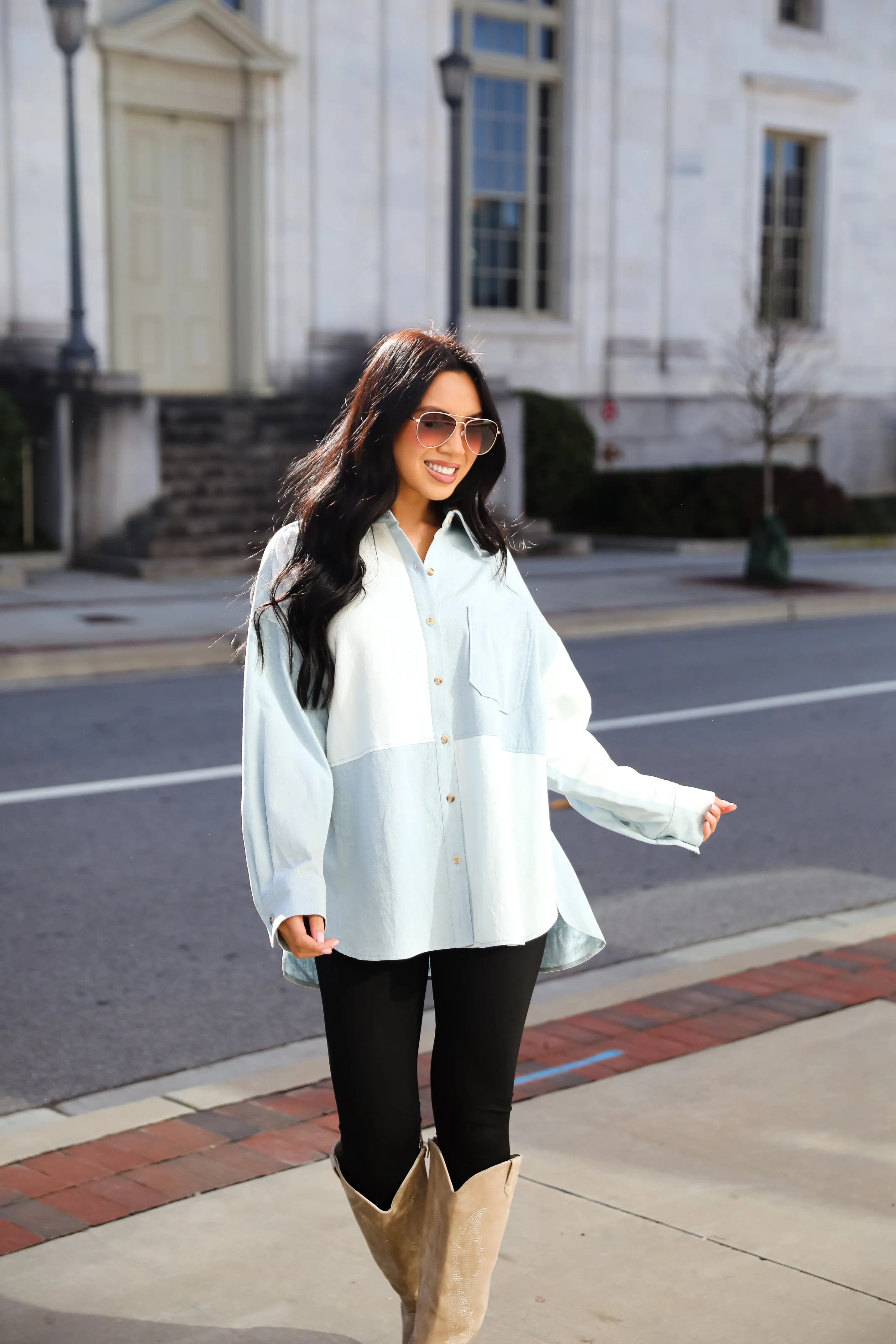 FINAL SALE - Exquisite Poise Denim Color Block Button-Up Blouse