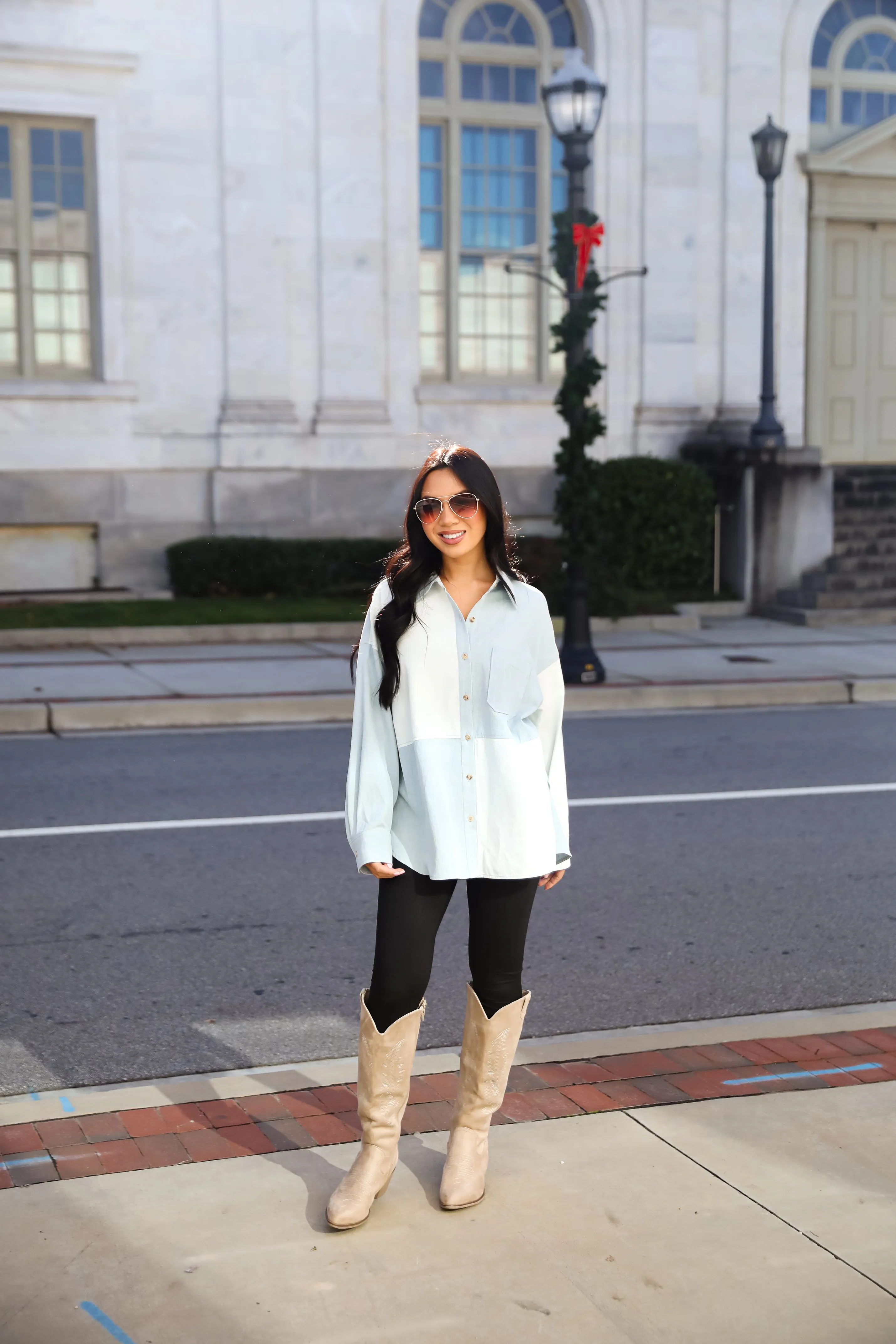 FINAL SALE - Exquisite Poise Denim Color Block Button-Up Blouse