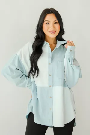 FINAL SALE - Exquisite Poise Denim Color Block Button-Up Blouse