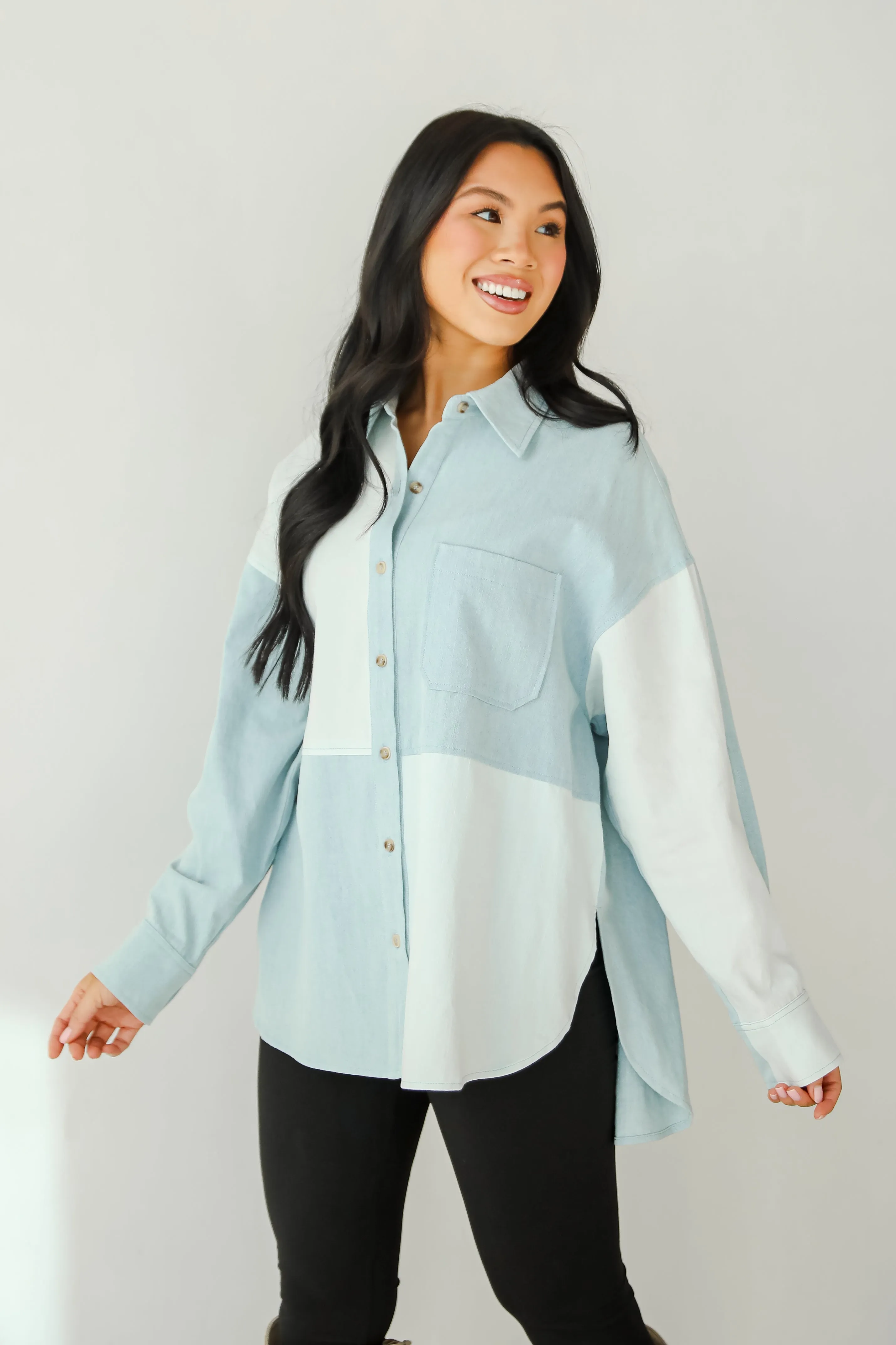 FINAL SALE - Exquisite Poise Denim Color Block Button-Up Blouse