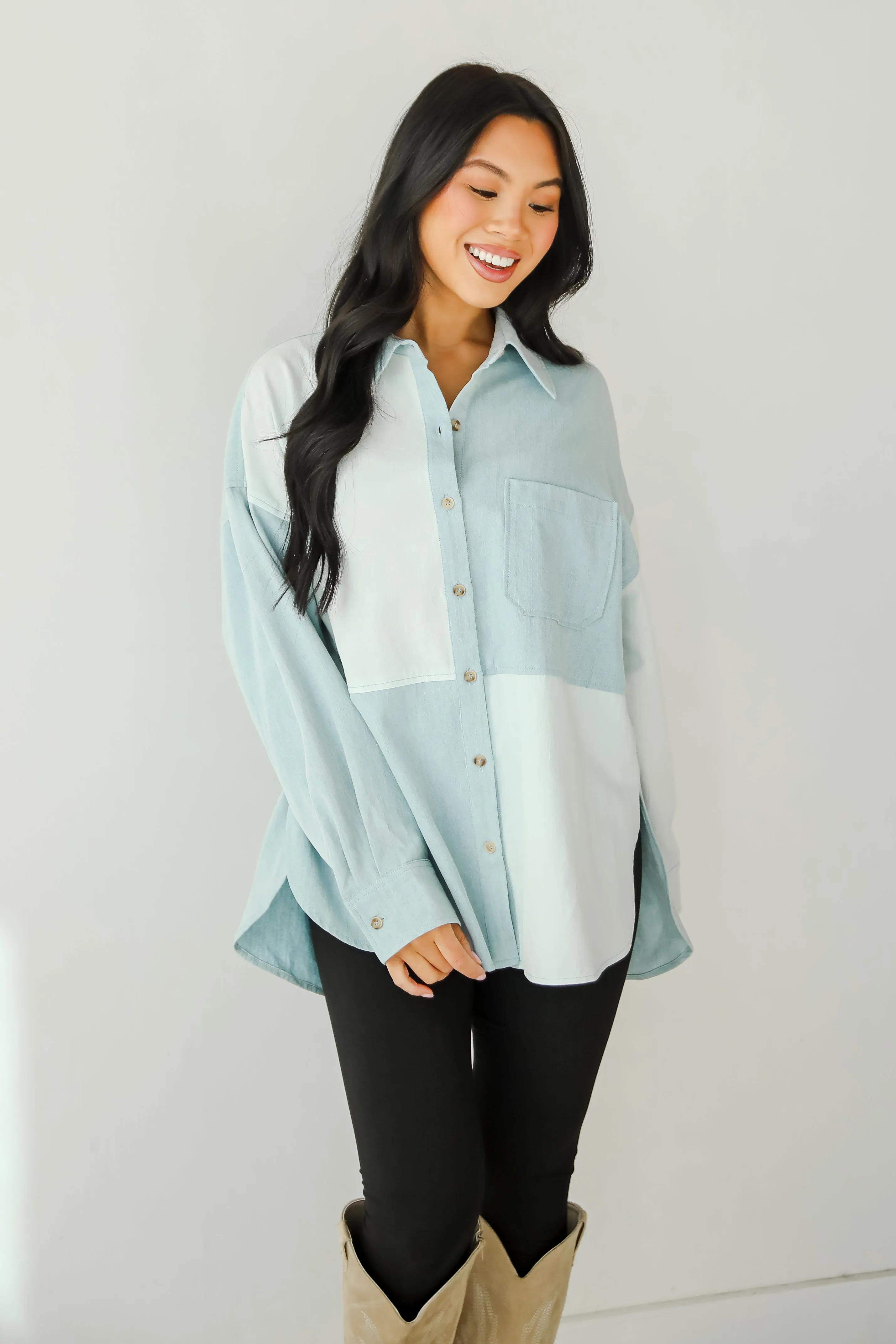 FINAL SALE - Exquisite Poise Denim Color Block Button-Up Blouse