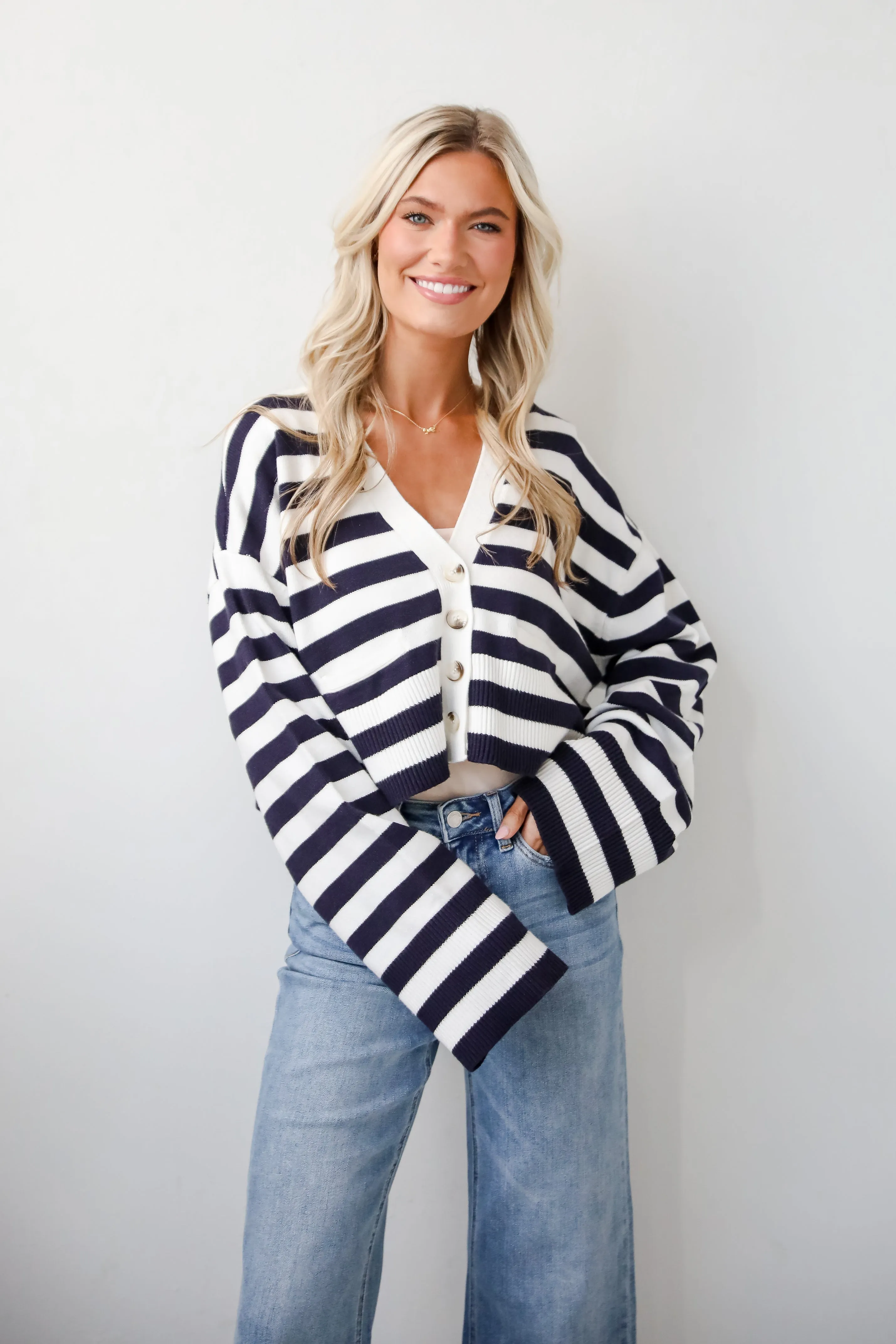 FINAL SALE - Genuine Charm Navy Striped Cropped Sweater Cardigan