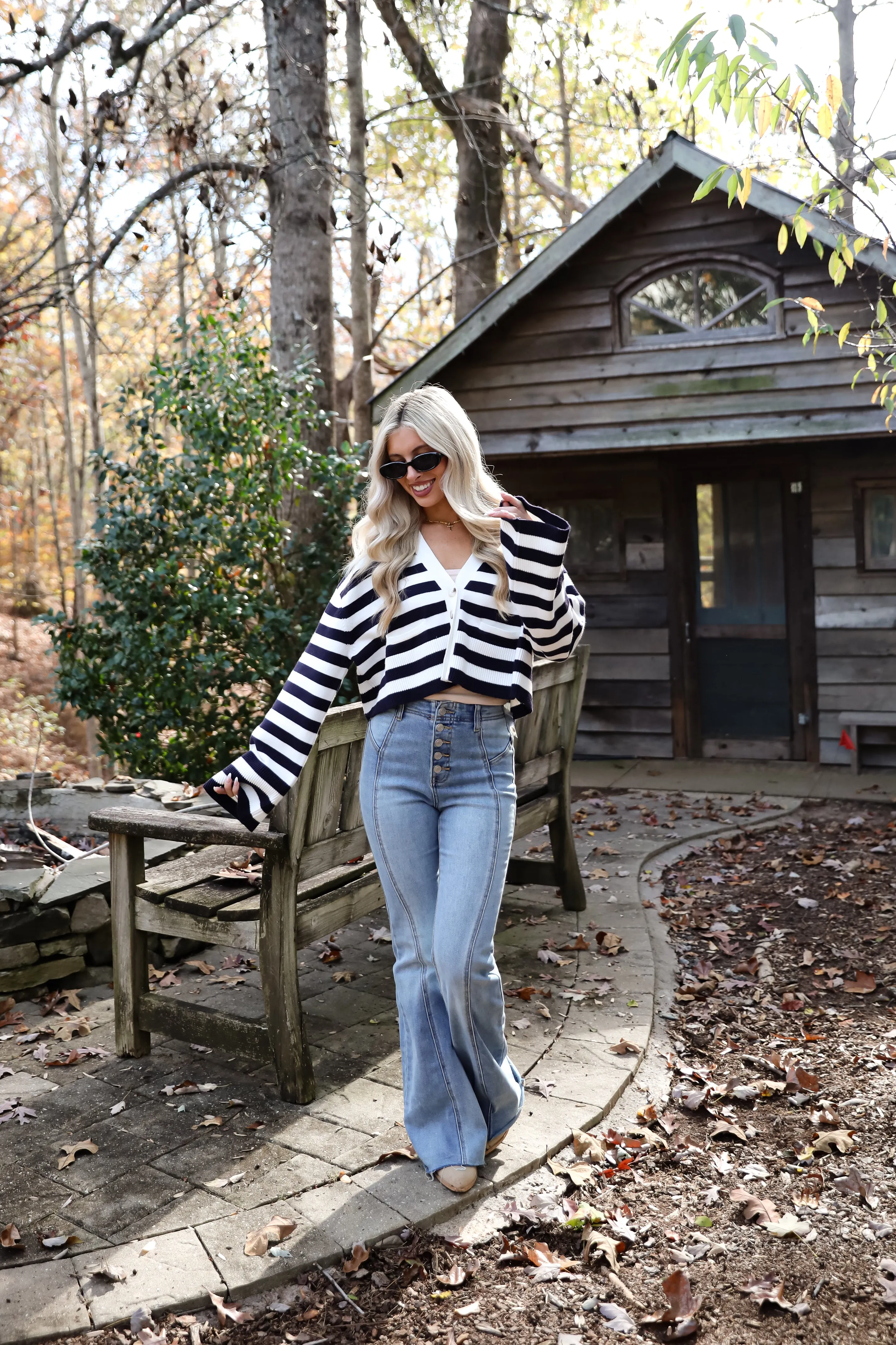 FINAL SALE - Genuine Charm Navy Striped Cropped Sweater Cardigan
