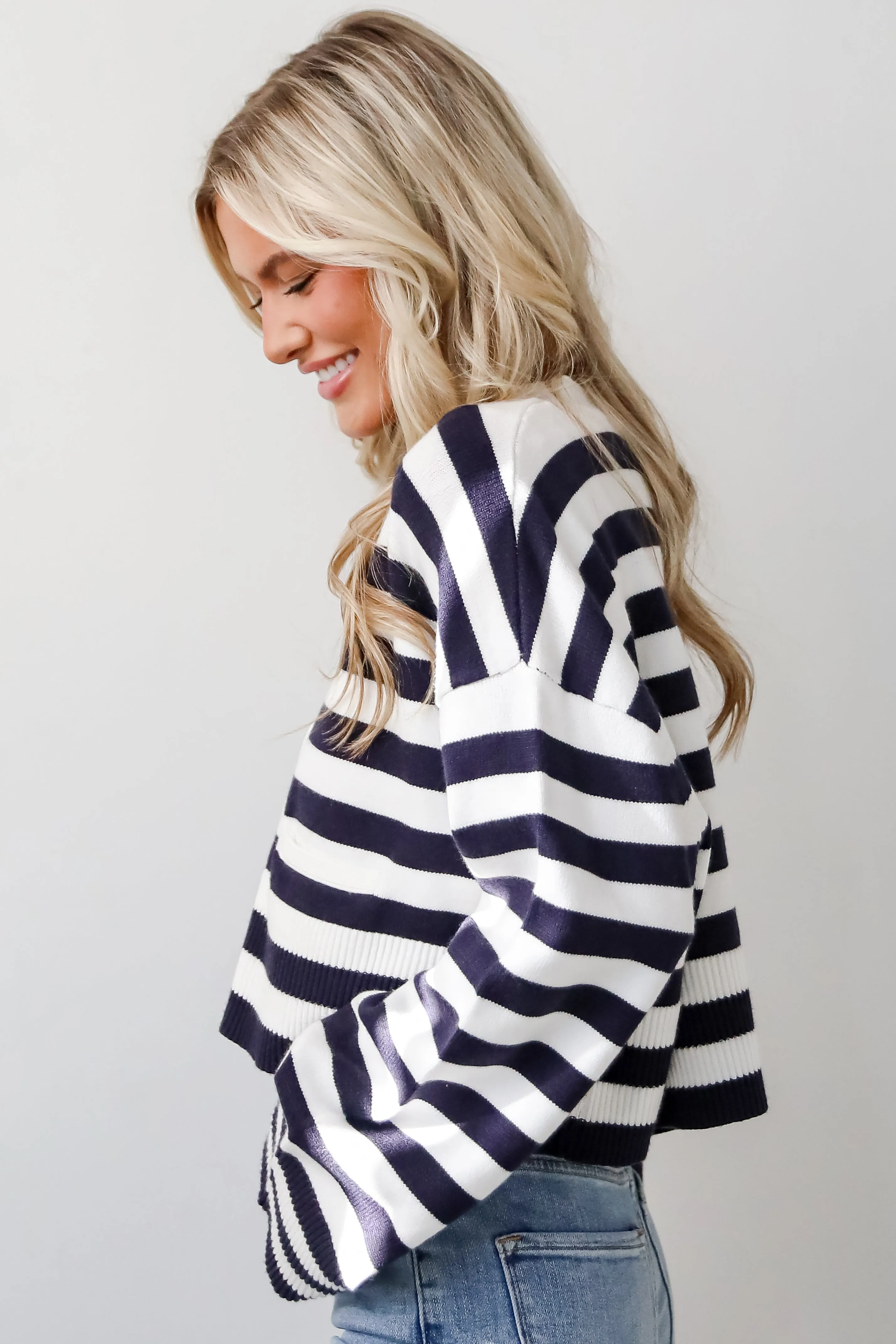 FINAL SALE - Genuine Charm Navy Striped Cropped Sweater Cardigan