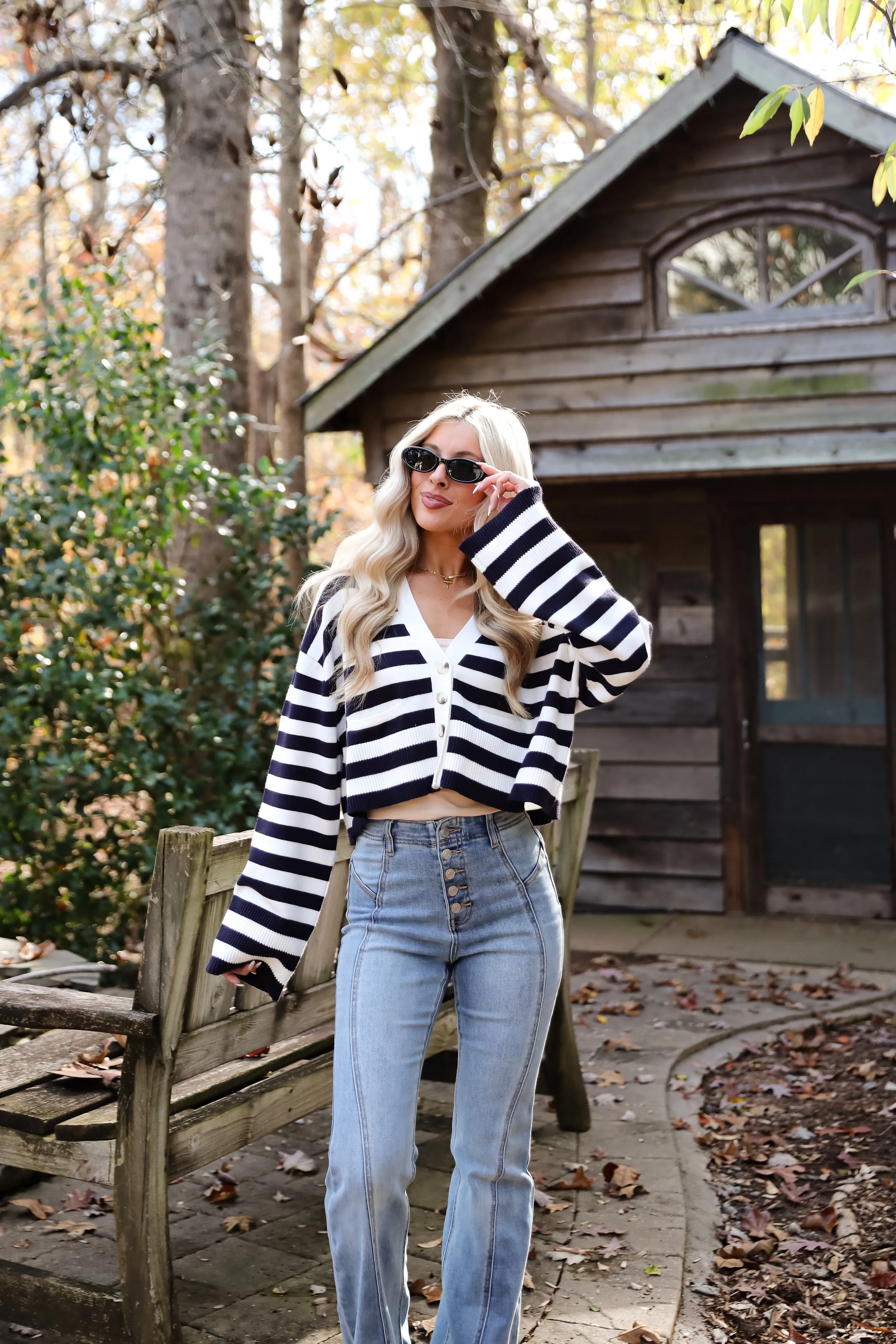 FINAL SALE - Genuine Charm Navy Striped Cropped Sweater Cardigan