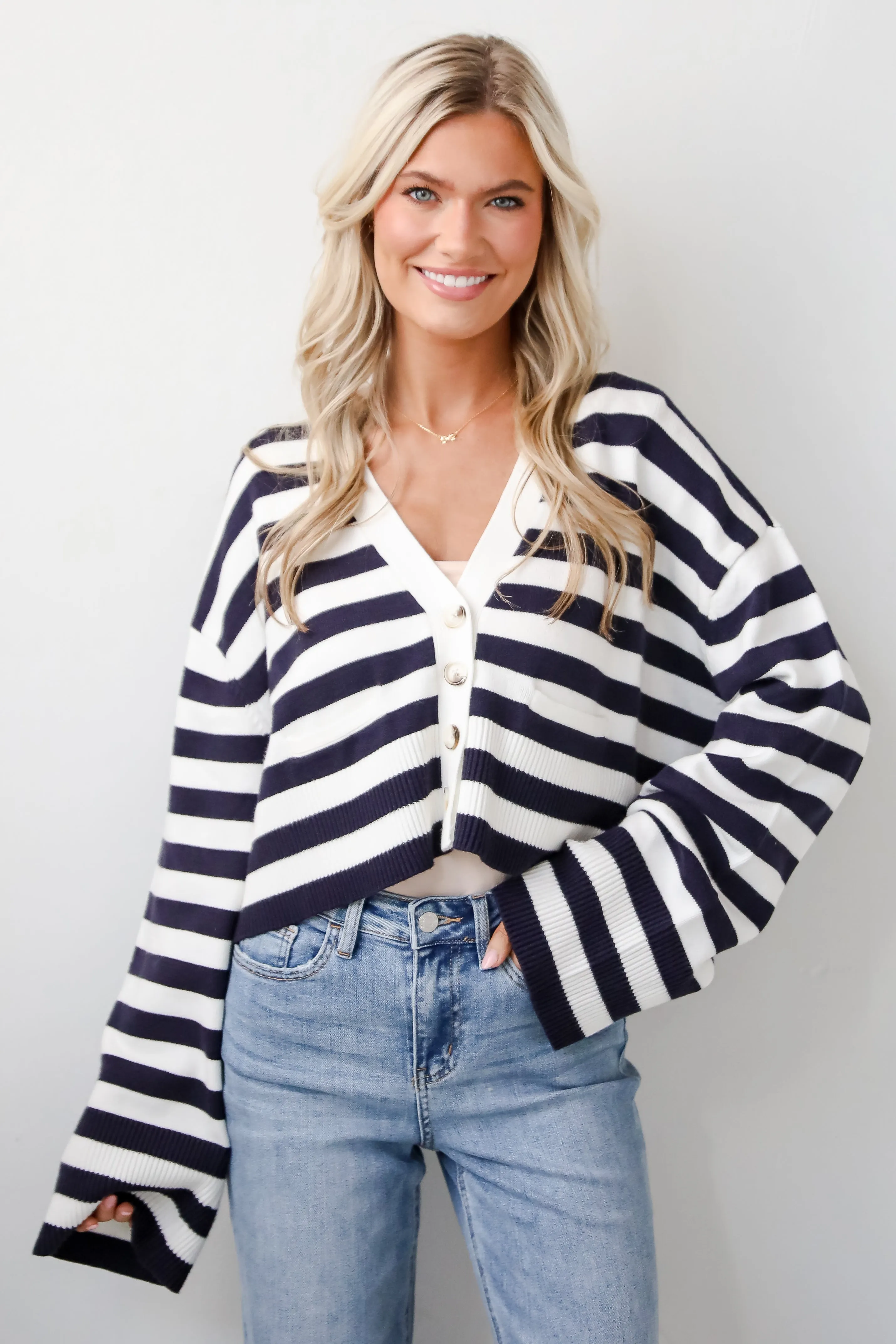FINAL SALE - Genuine Charm Navy Striped Cropped Sweater Cardigan