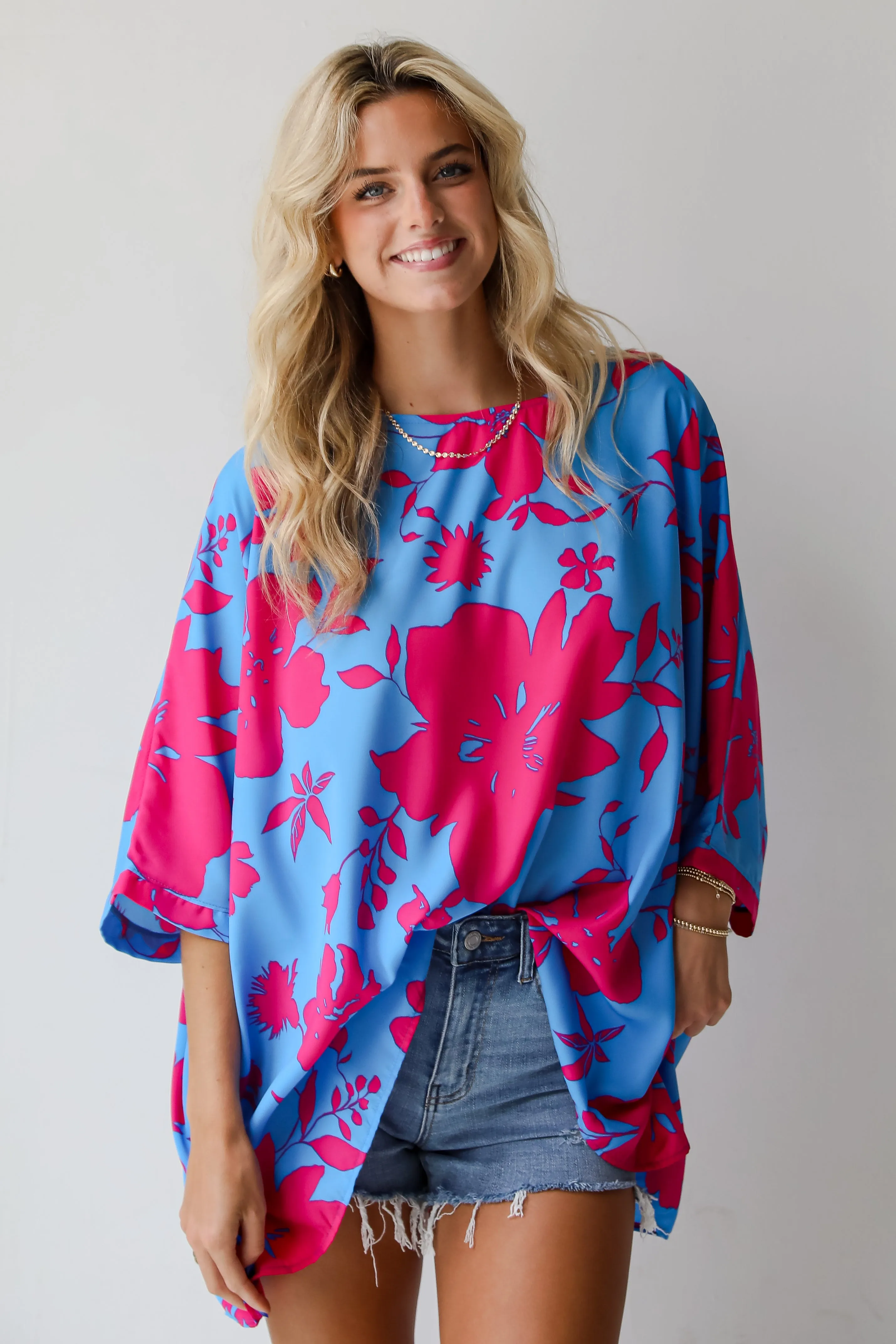 FINAL SALE - Happily Sweet Blue Floral Oversized Blouse