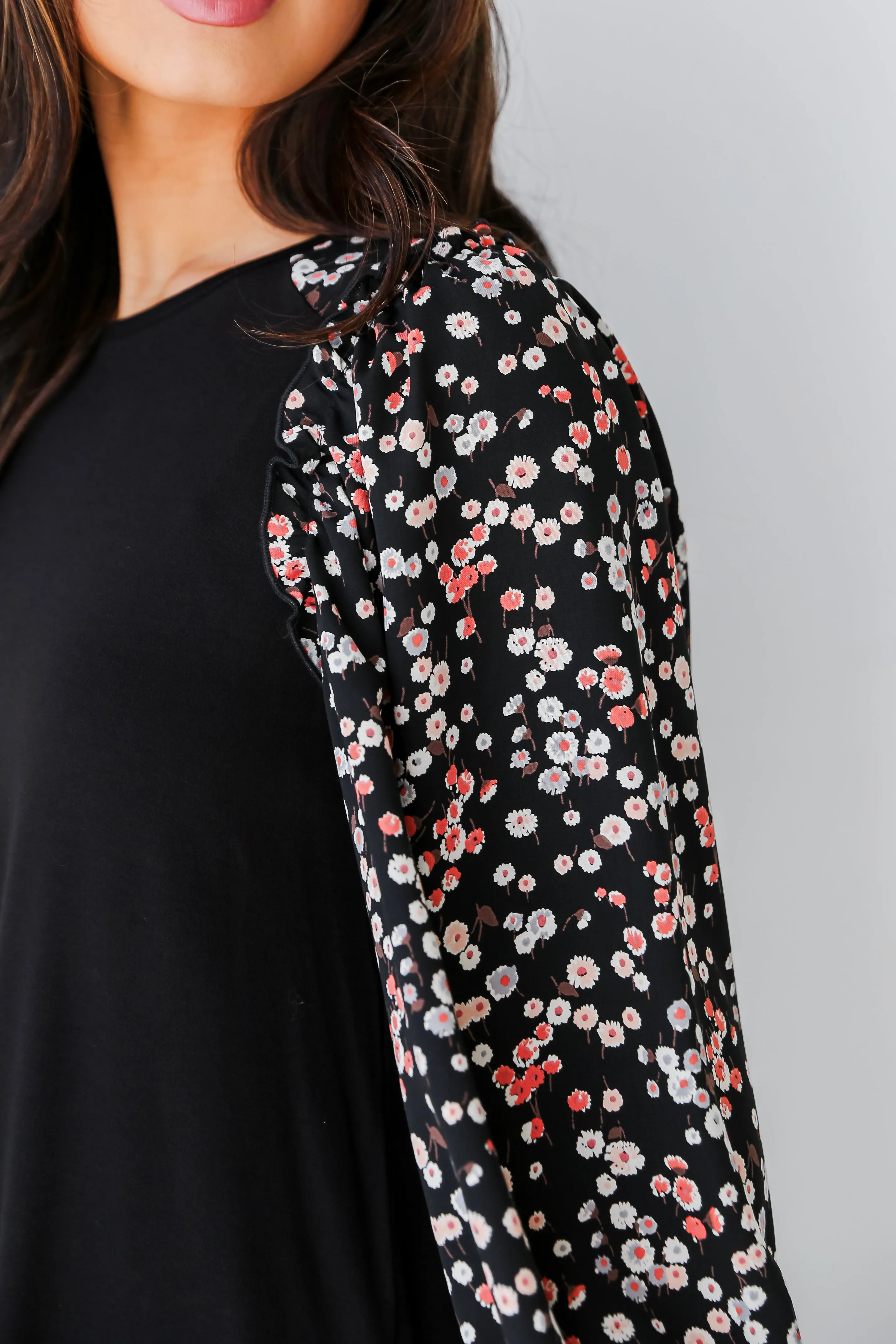 FINAL SALE - Instinctively Sweet Black Floral Sleeve Blouse