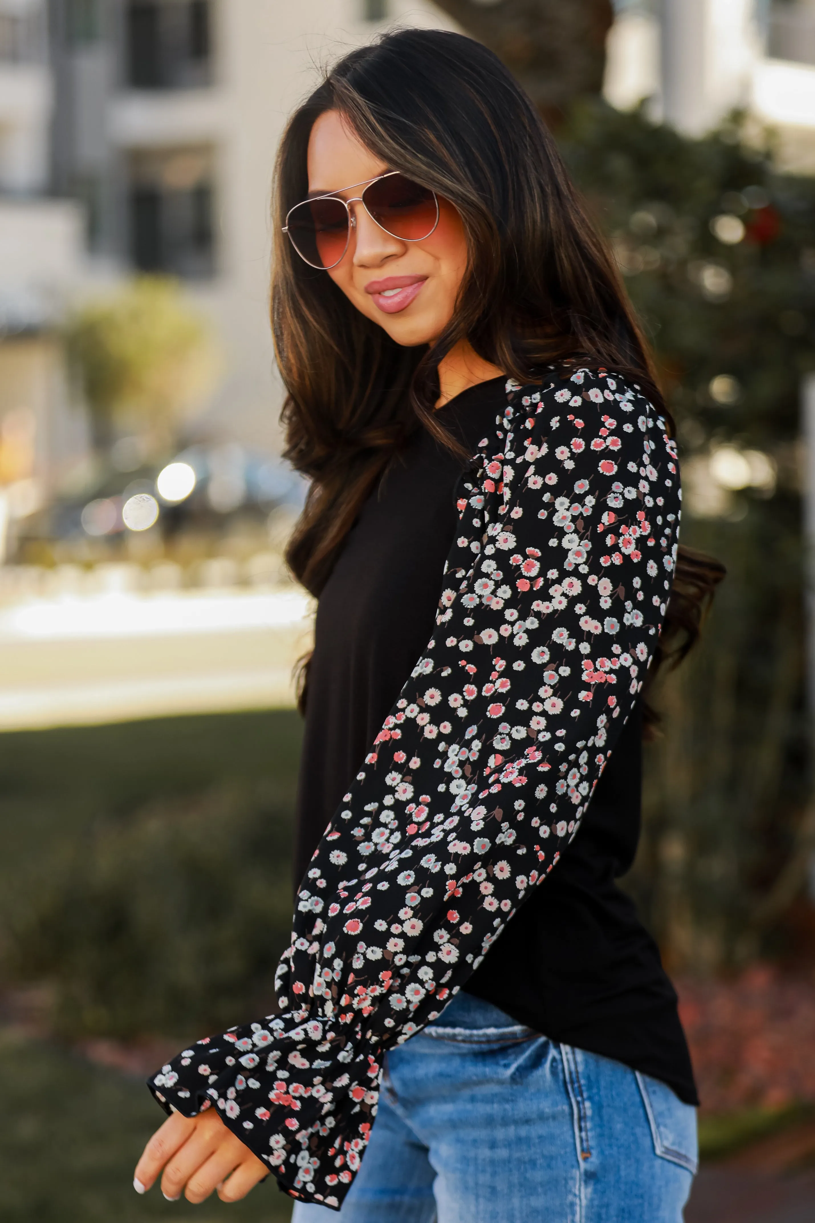 FINAL SALE - Instinctively Sweet Black Floral Sleeve Blouse