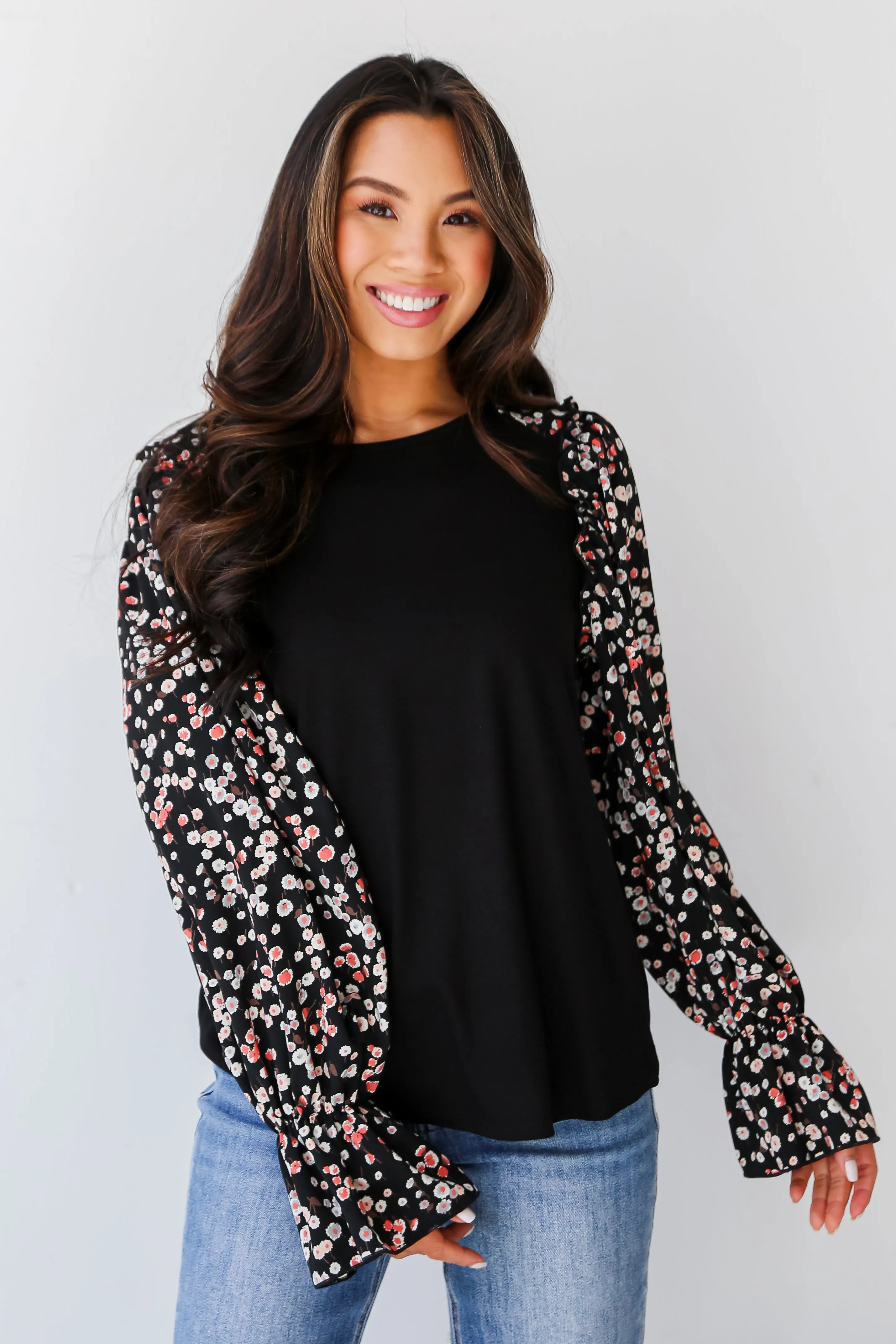 FINAL SALE - Instinctively Sweet Black Floral Sleeve Blouse
