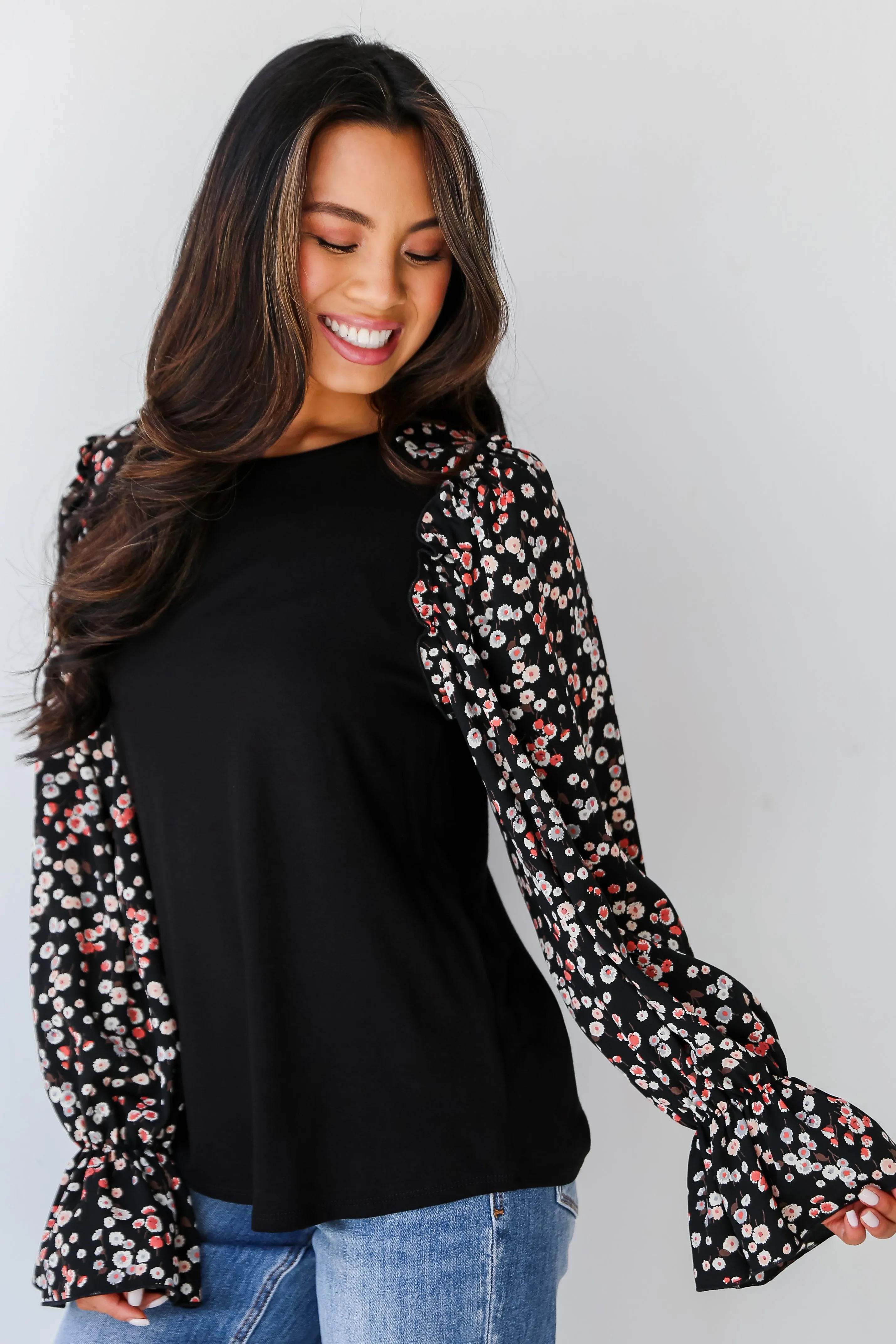 FINAL SALE - Instinctively Sweet Black Floral Sleeve Blouse