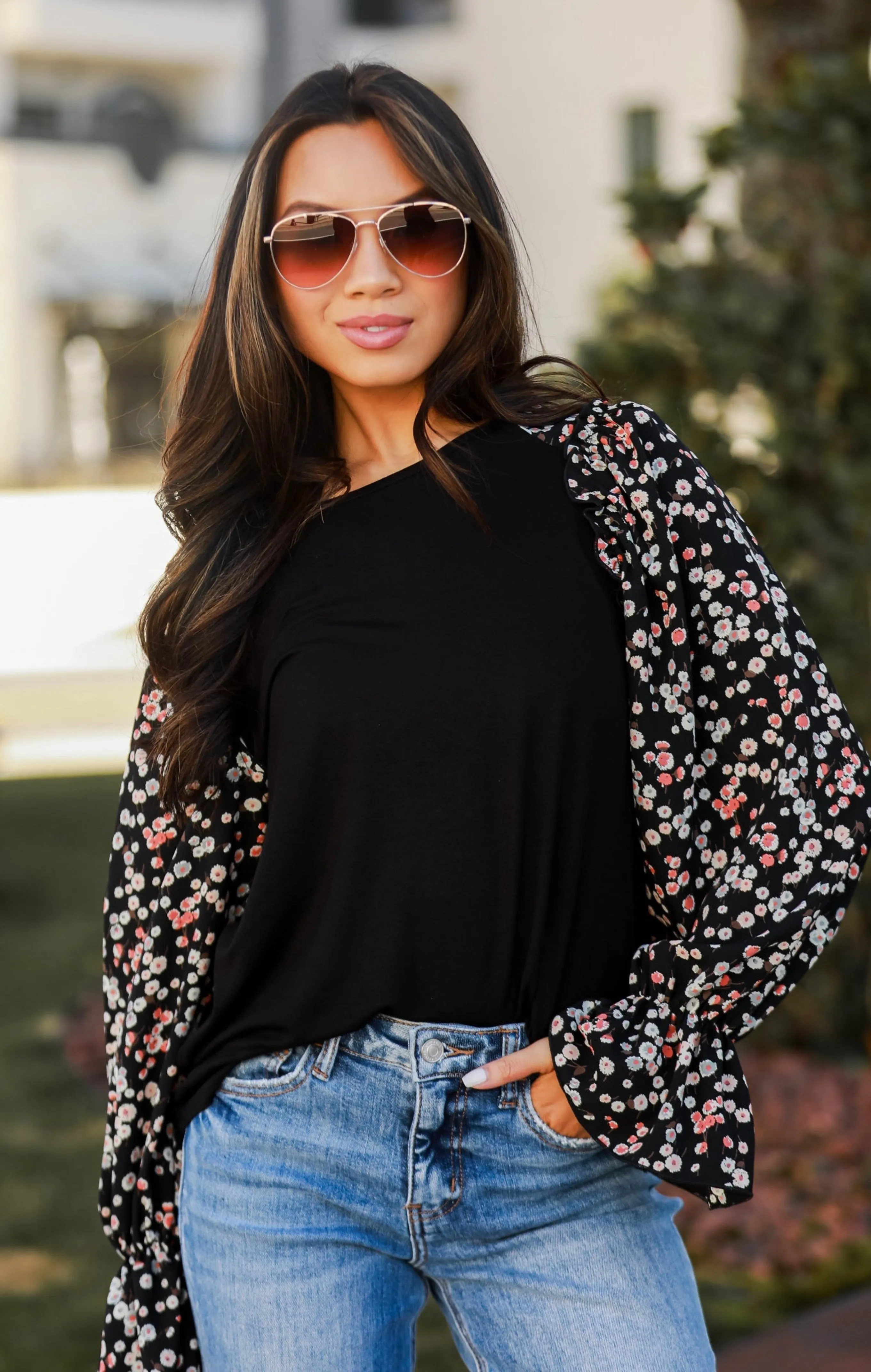 FINAL SALE - Instinctively Sweet Black Floral Sleeve Blouse