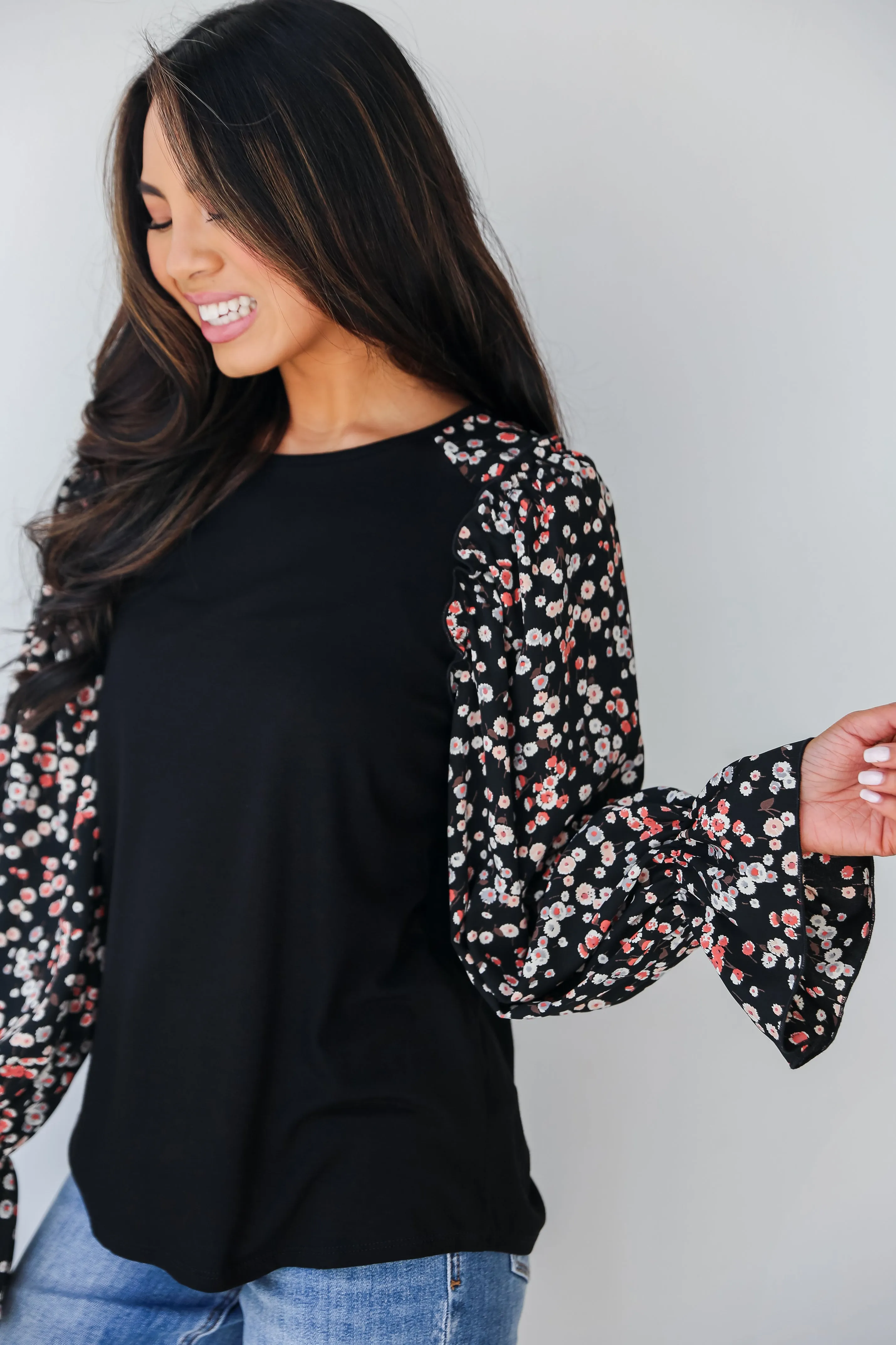 FINAL SALE - Instinctively Sweet Black Floral Sleeve Blouse