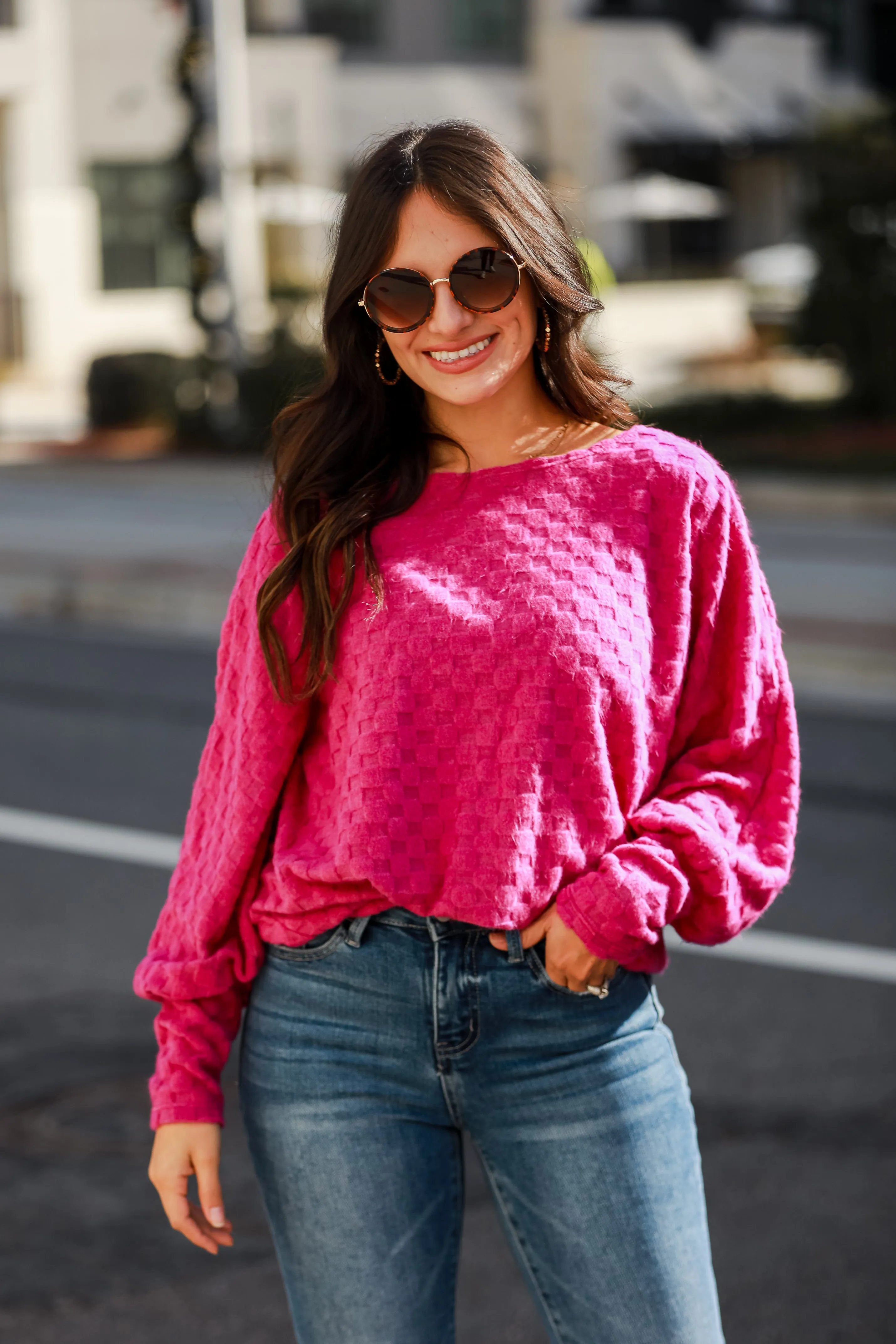 FINAL SALE - Kendall Magenta Checkered Knit Top