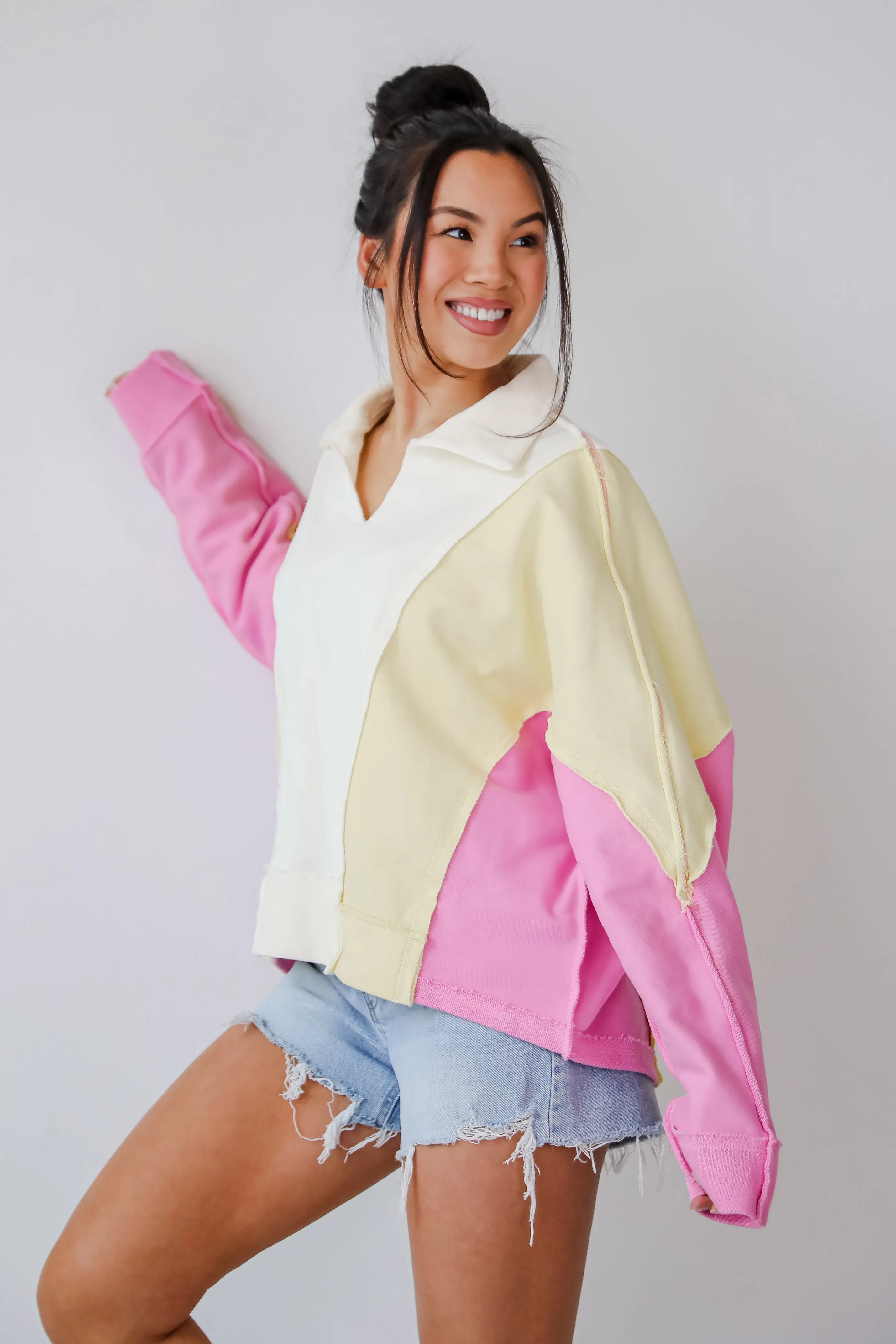 FINAL SALE - Lucky Cutie Pink Color Block Collared Pullover