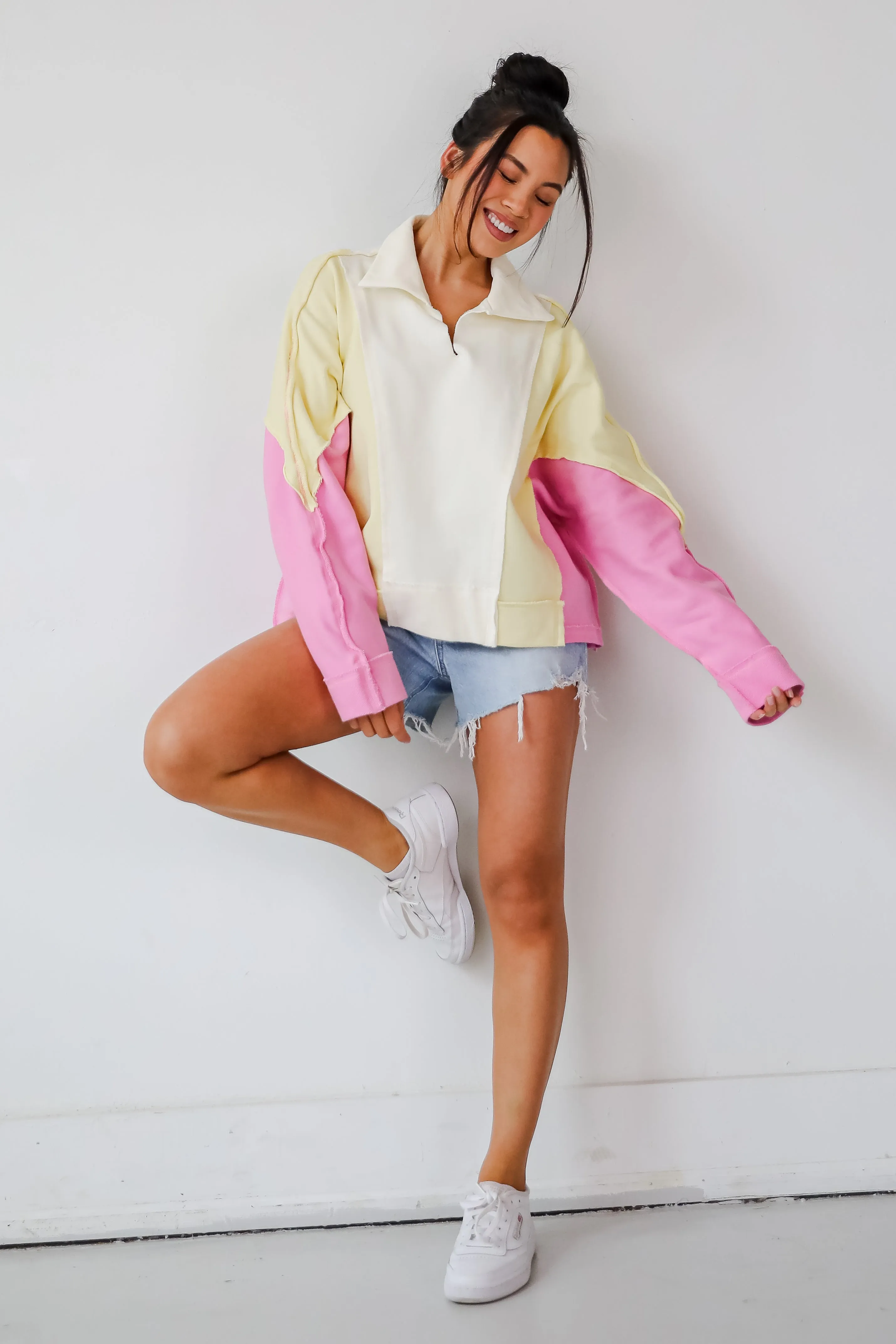 FINAL SALE - Lucky Cutie Pink Color Block Collared Pullover