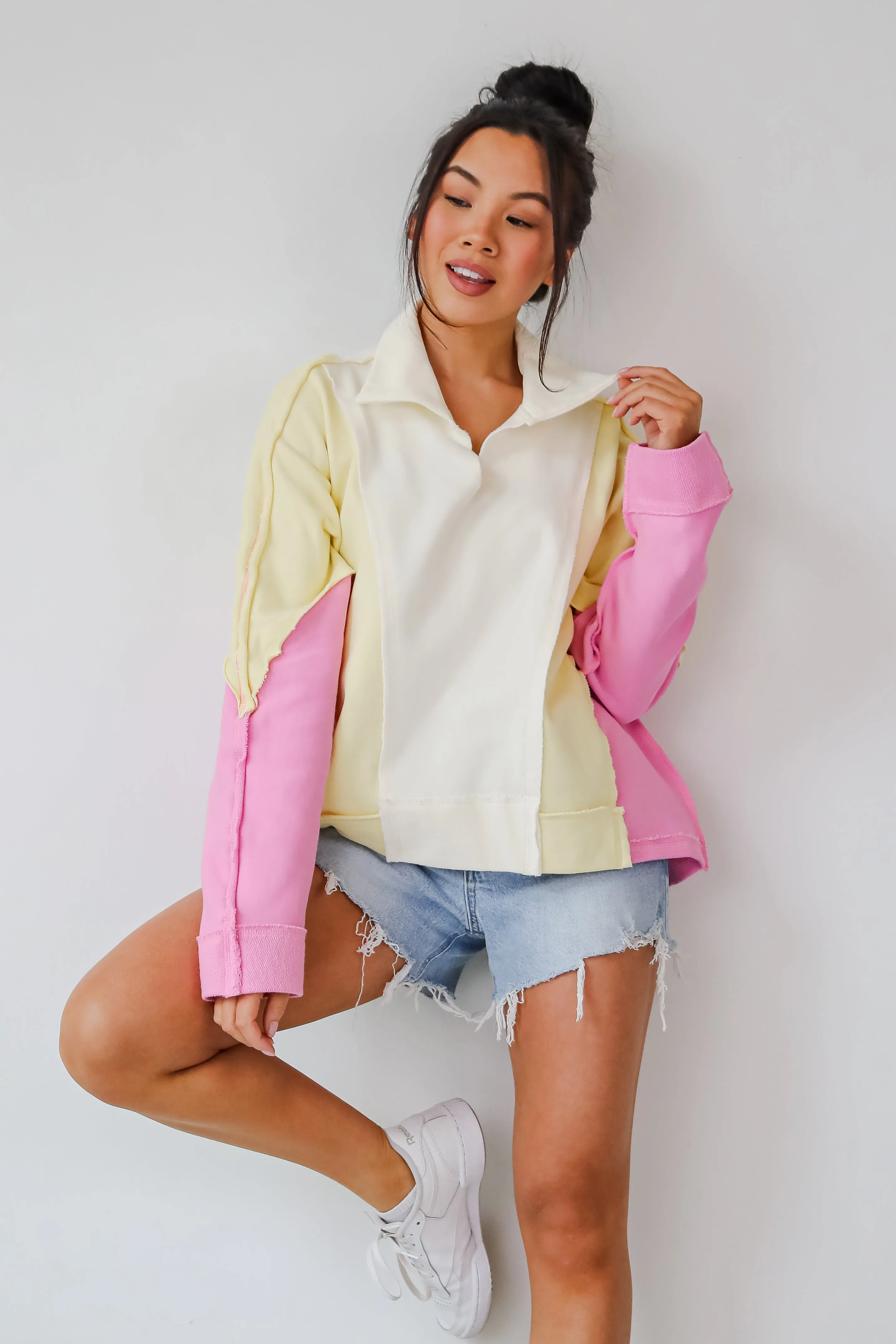 FINAL SALE - Lucky Cutie Pink Color Block Collared Pullover