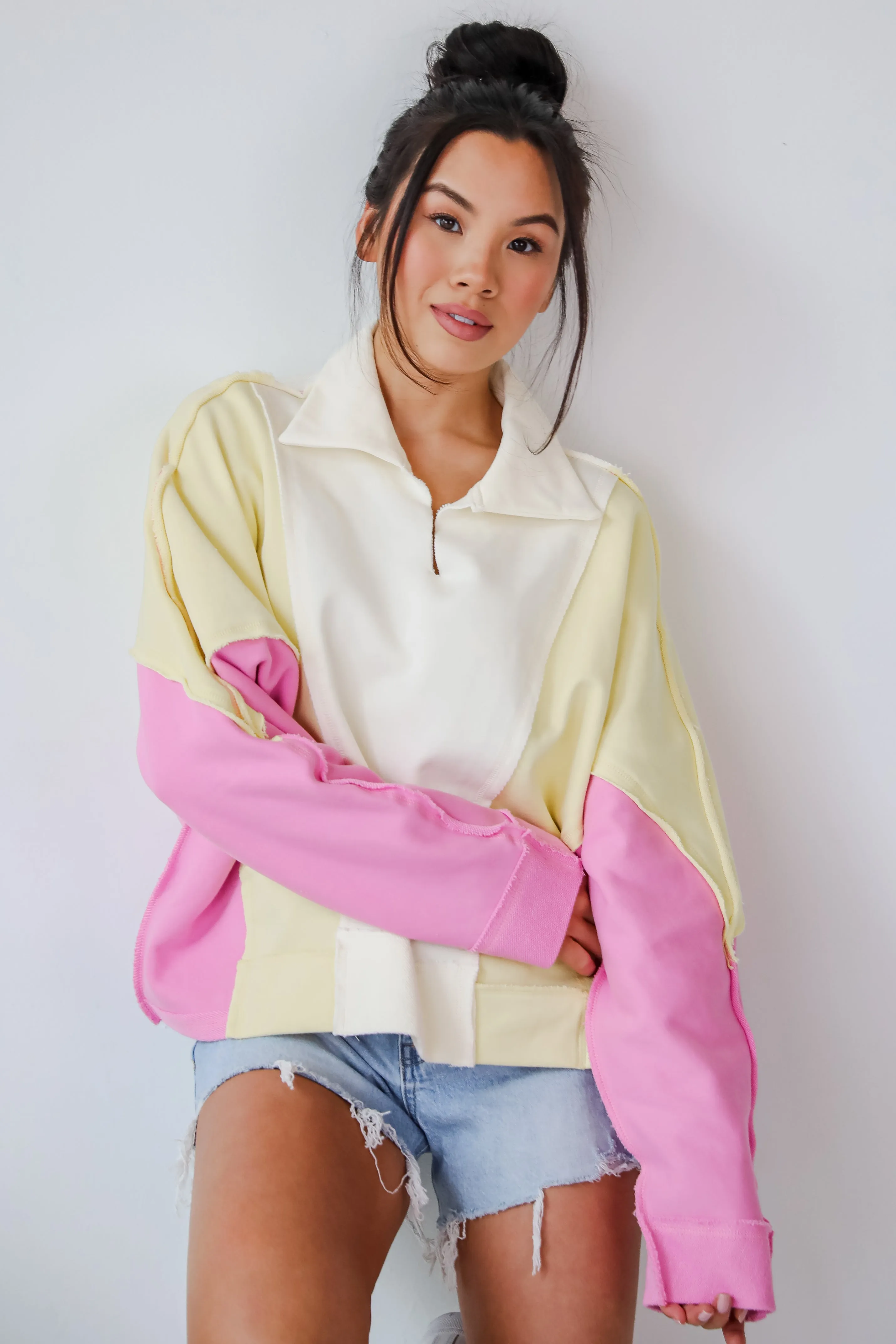 FINAL SALE - Lucky Cutie Pink Color Block Collared Pullover
