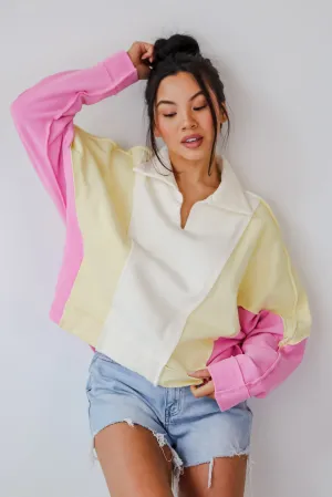 FINAL SALE - Lucky Cutie Pink Color Block Collared Pullover