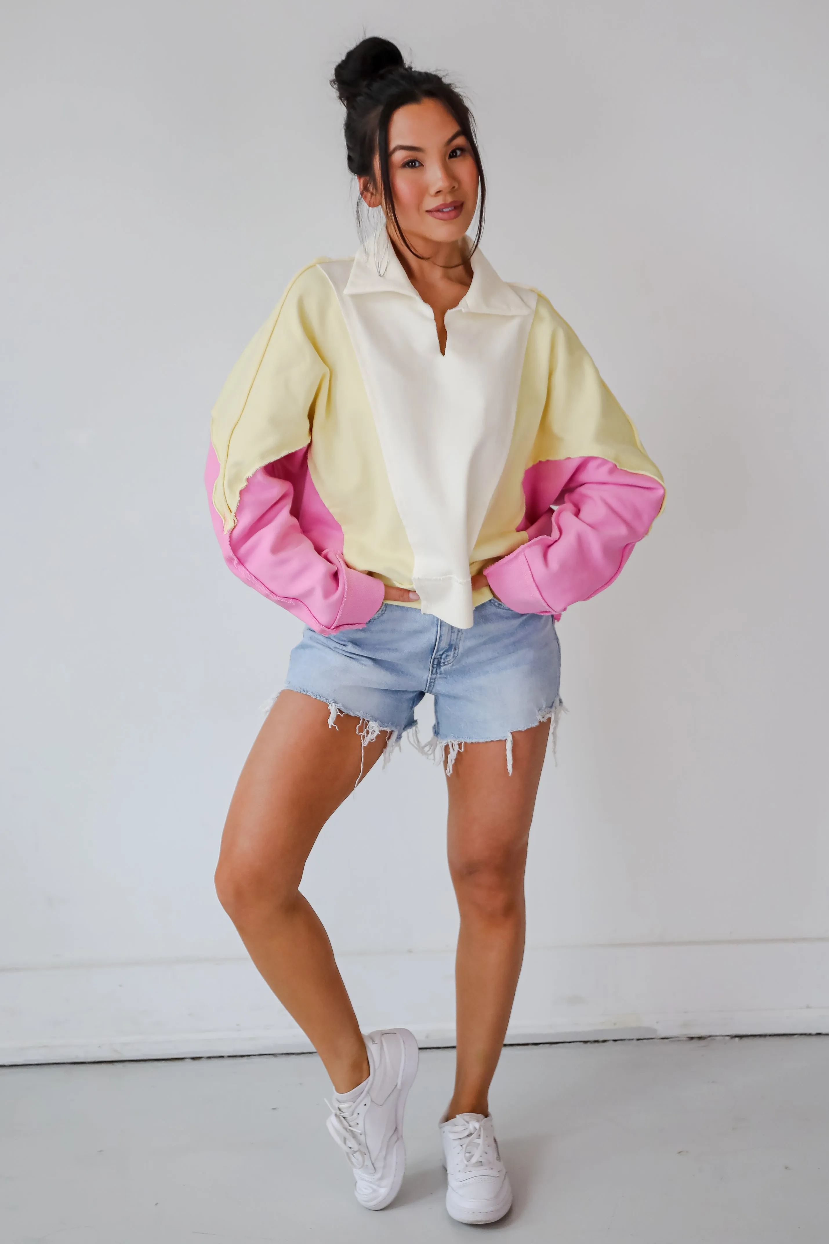FINAL SALE - Lucky Cutie Pink Color Block Collared Pullover